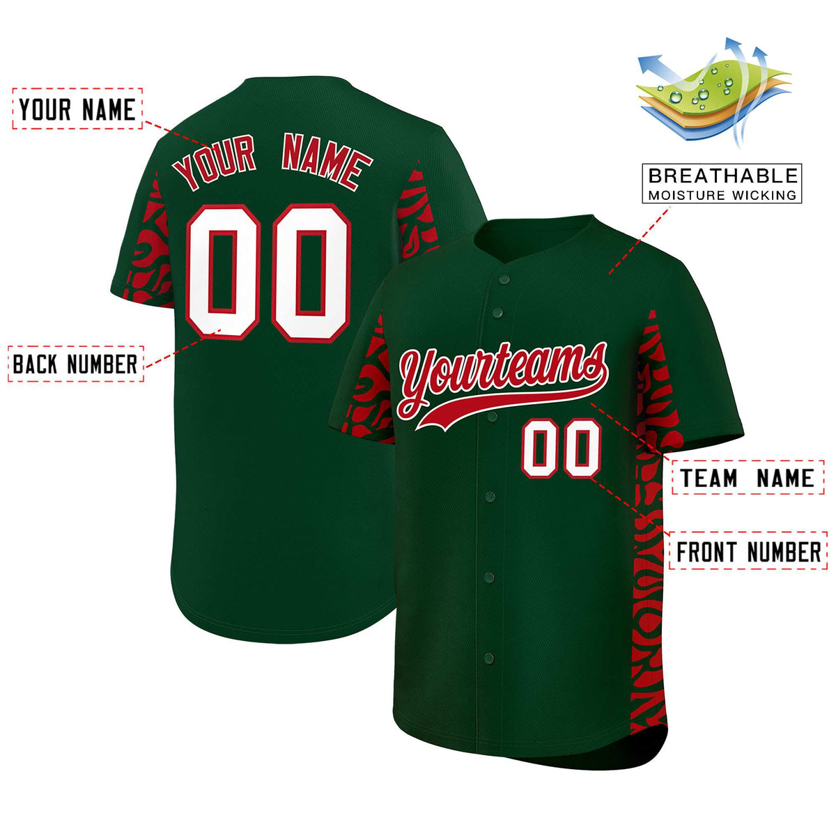 Custom Green Red Personalized Leopard Graffiti Pattern Side Design Authentic Baseball Jersey
