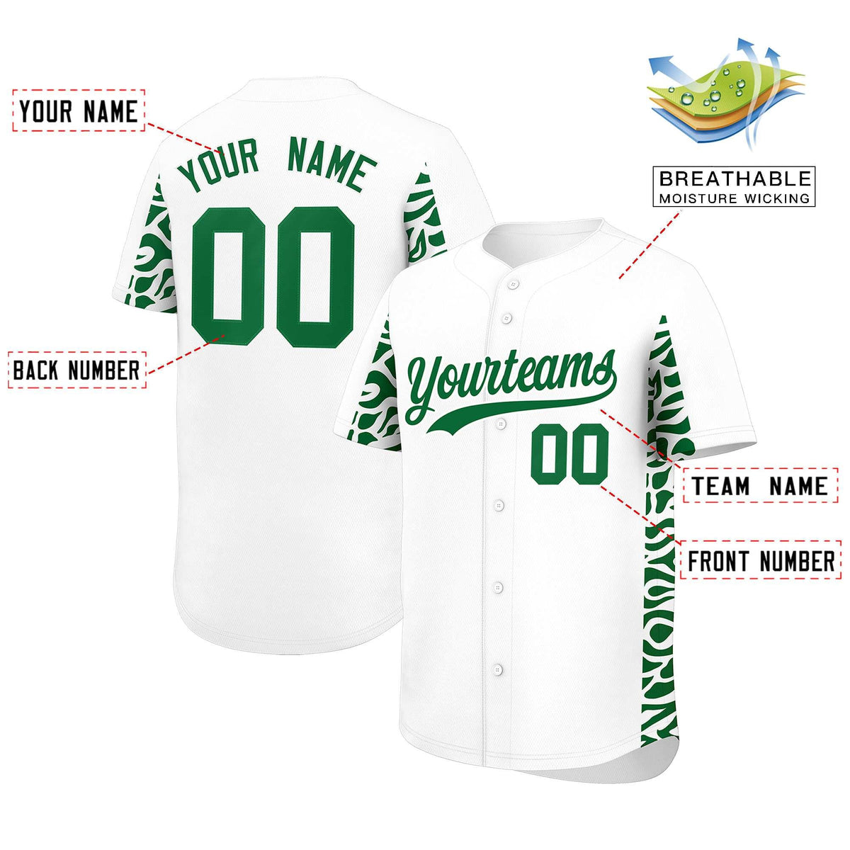 Custom White Kelly Green Personalized Leopard Graffiti Pattern Side Design Authentic Baseball Jersey
