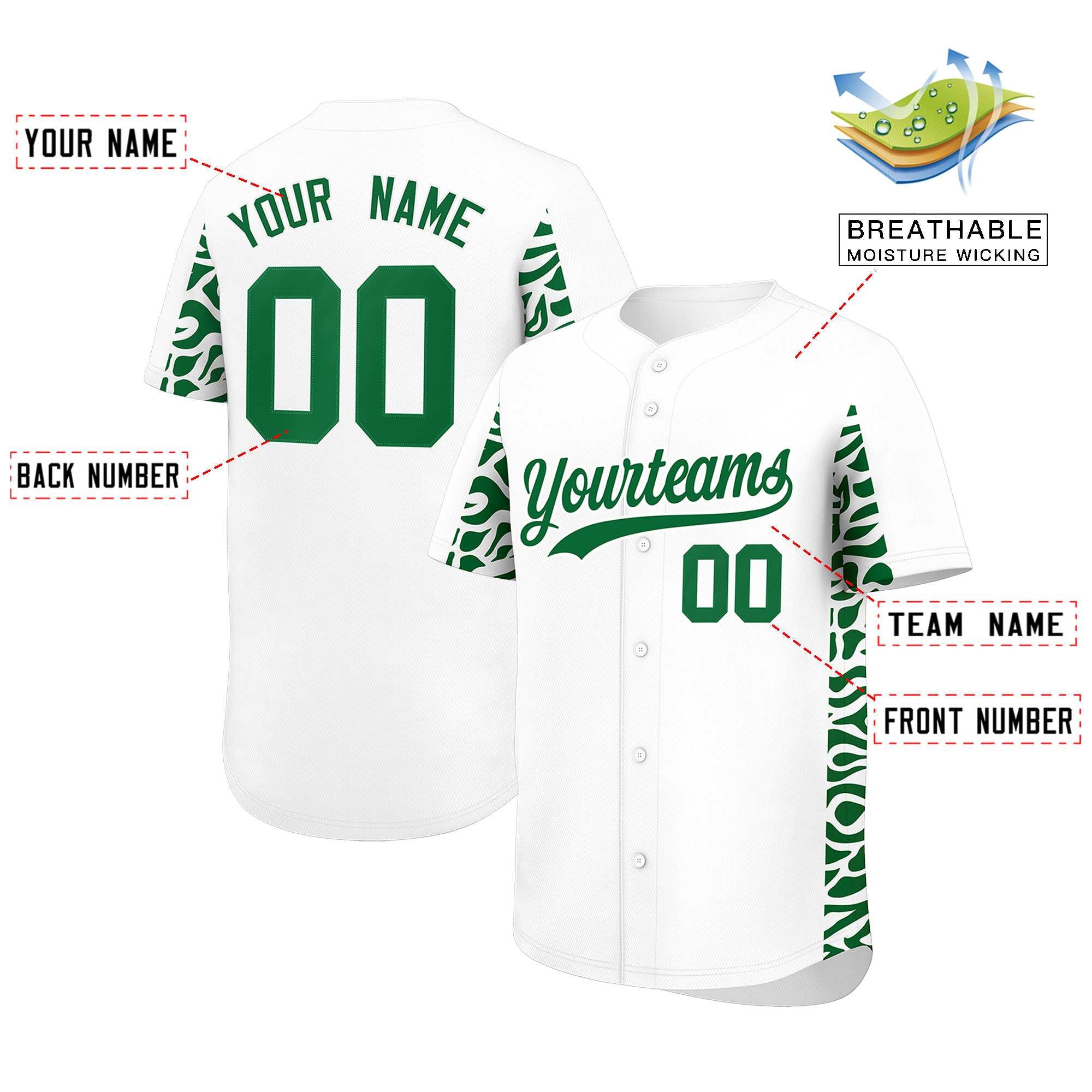 Custom White Kelly Green Personalized Leopard Graffiti Pattern Side Design Authentic Baseball Jersey