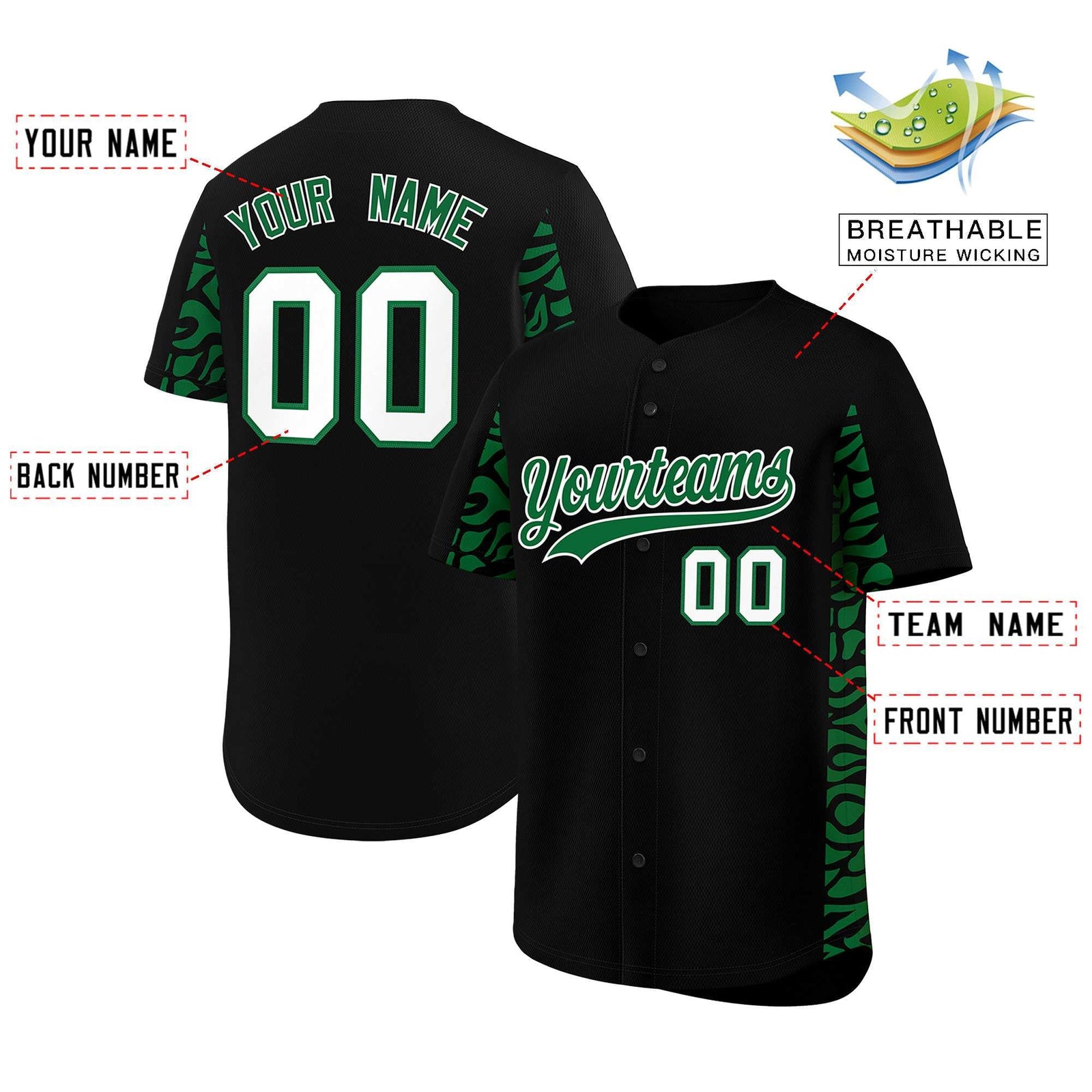 Custom Black Kelly Green Personalized Leopard Graffiti Pattern Side Design Authentic Baseball Jersey