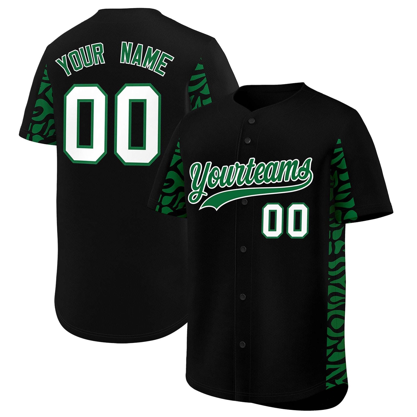 Custom Black Kelly Green Personalized Leopard Graffiti Pattern Side Design Authentic Baseball Jersey