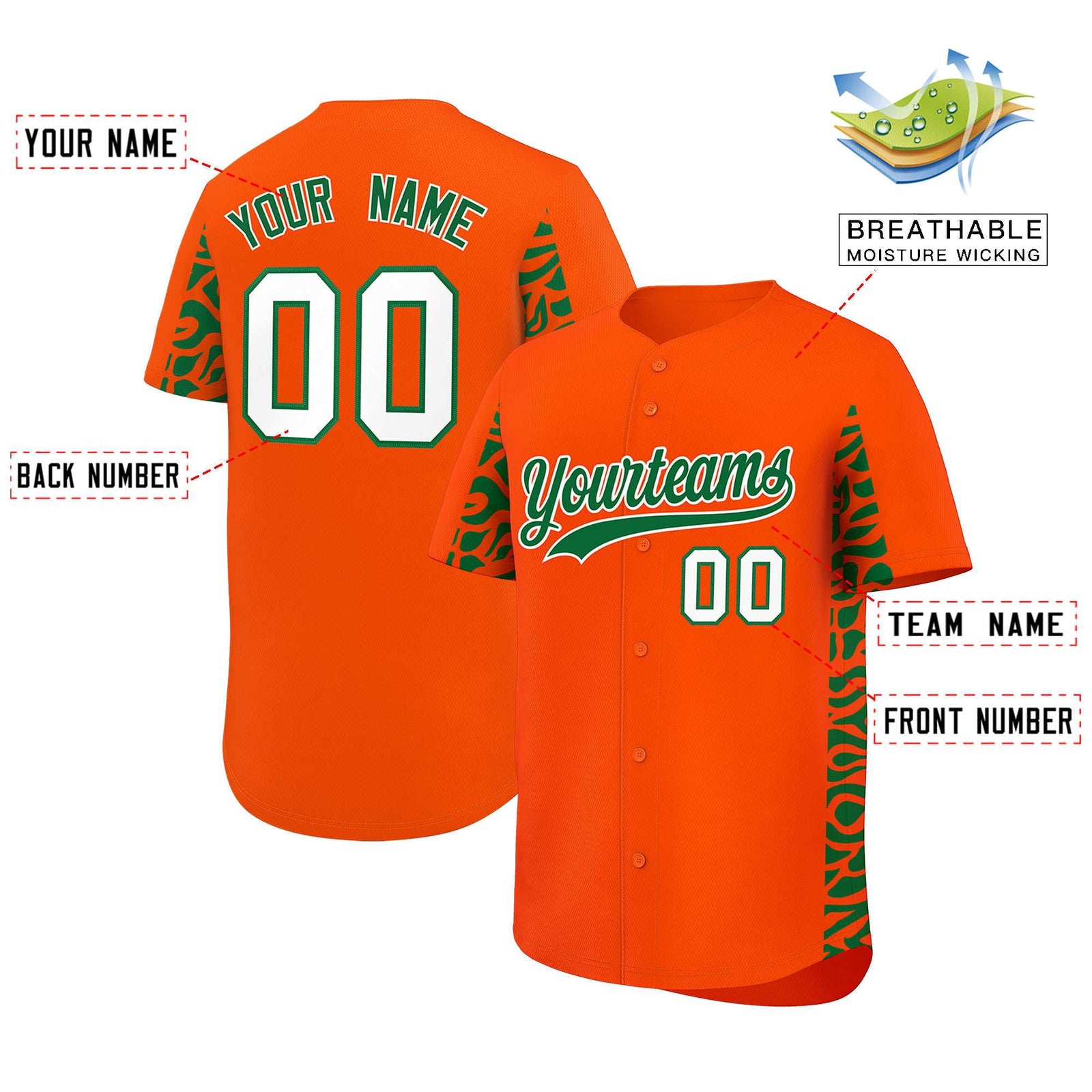 Custom Orange Kelly Green Personalized Leopard Graffiti Pattern Side Design Authentic Baseball Jersey