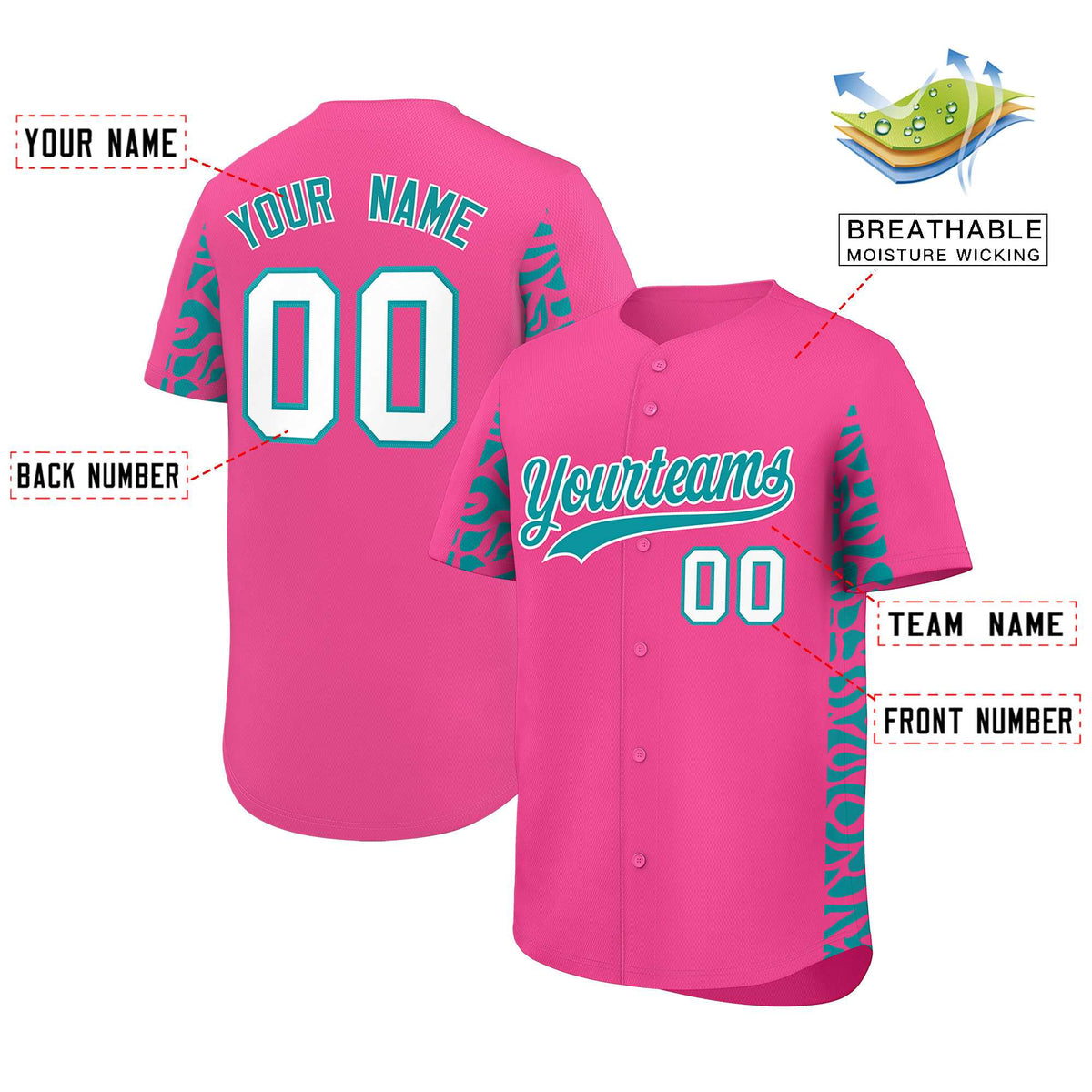 Custom Pink Aqua Personalized Leopard Graffiti Pattern Side Design Authentic Baseball Jersey