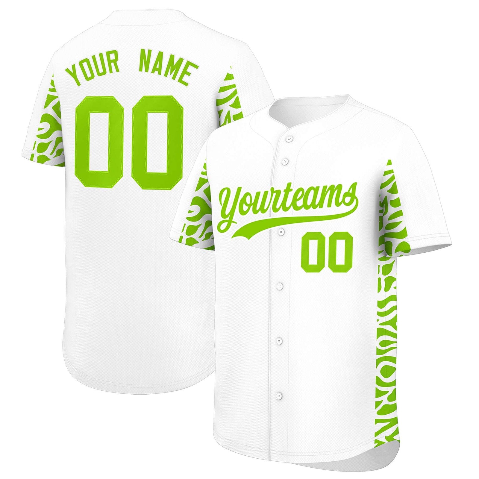 Custom White Neon Green Personalized Leopard Graffiti Pattern Side Design Authentic Baseball Jersey