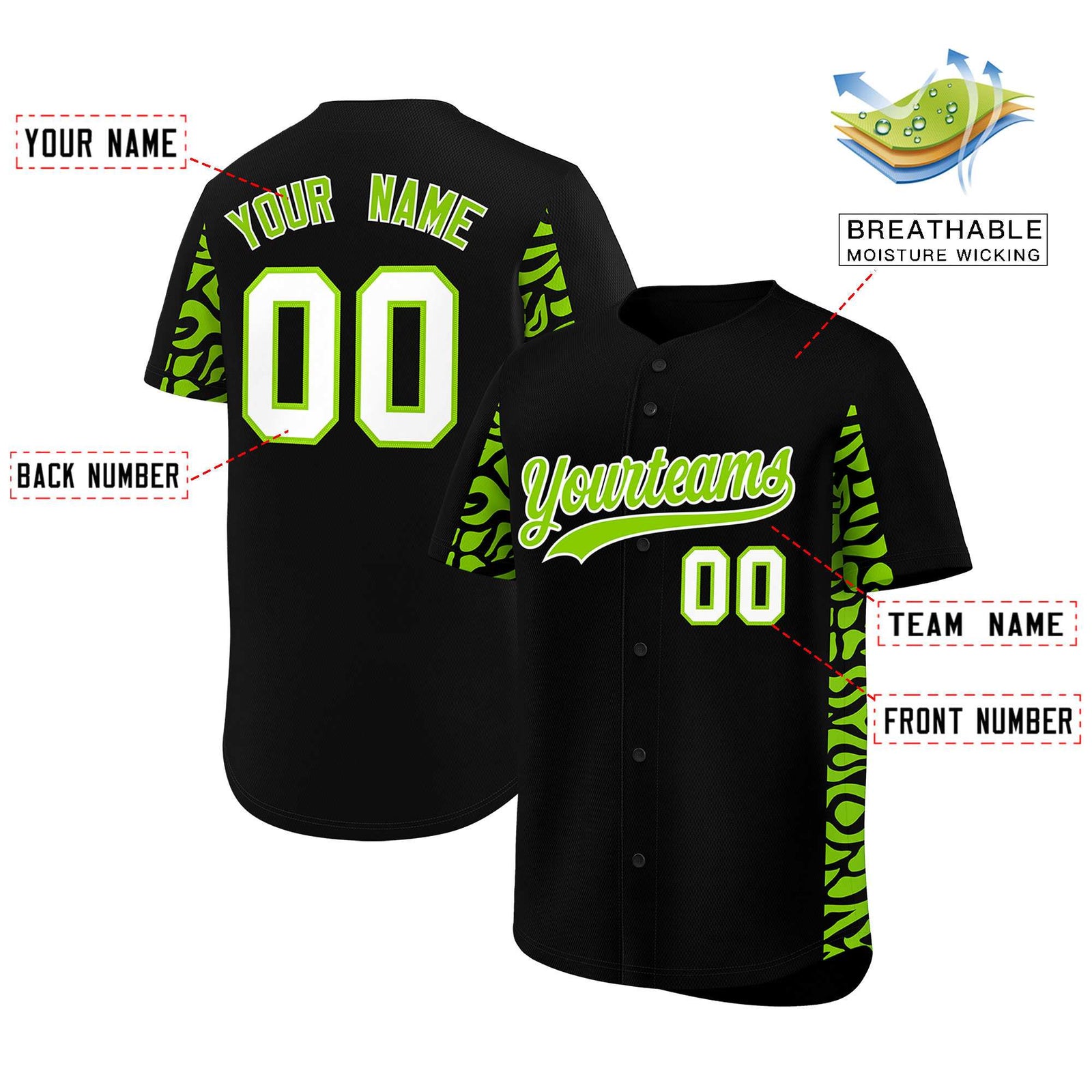 Custom Black Neon Green Personalized Leopard Graffiti Pattern Side Design Authentic Baseball Jersey
