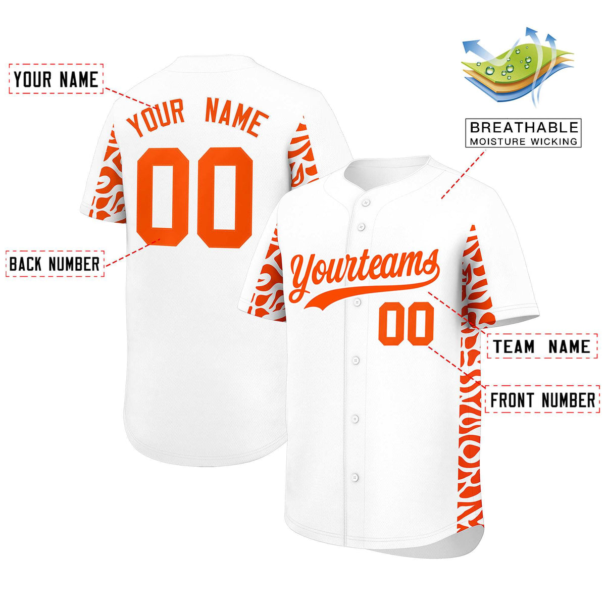 Custom White Orange Personalized Leopard Graffiti Pattern Side Design Authentic Baseball Jersey