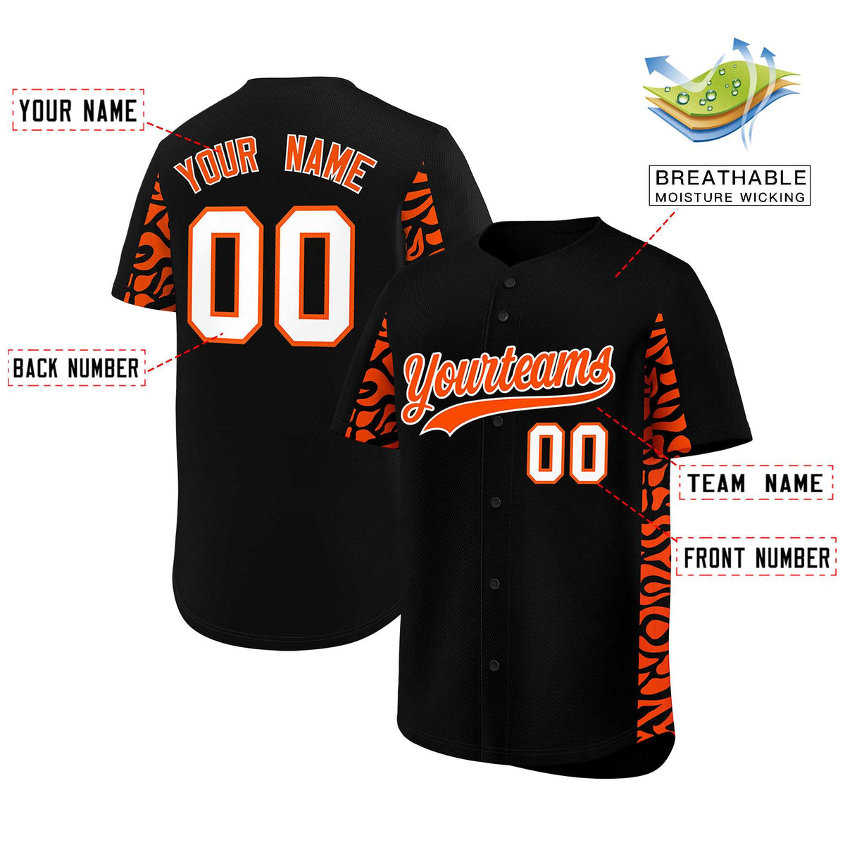 Custom Black Orange Personalized Leopard Graffiti Pattern Side Design Authentic Baseball Jersey
