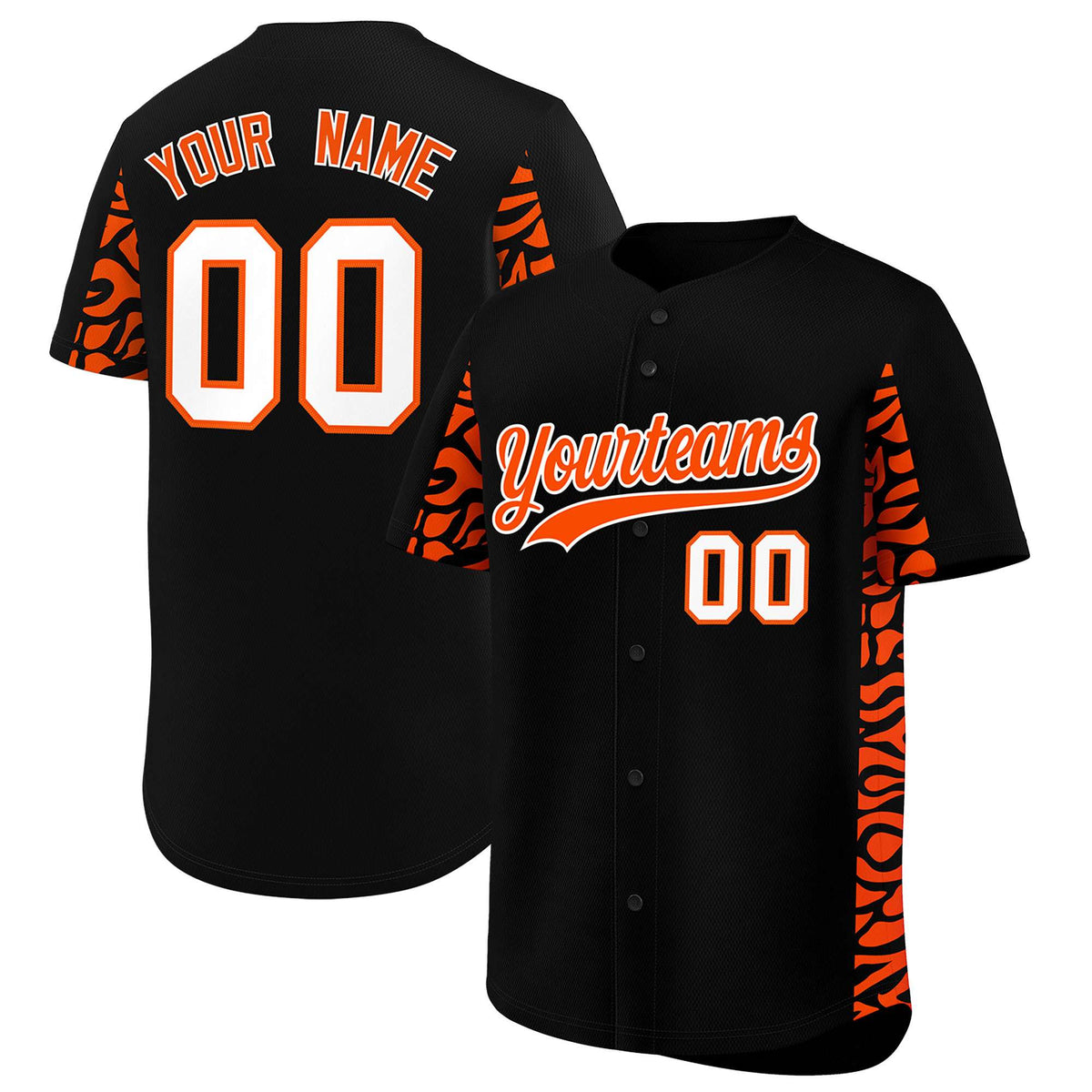 Custom Black Orange Personalized Leopard Graffiti Pattern Side Design Authentic Baseball Jersey