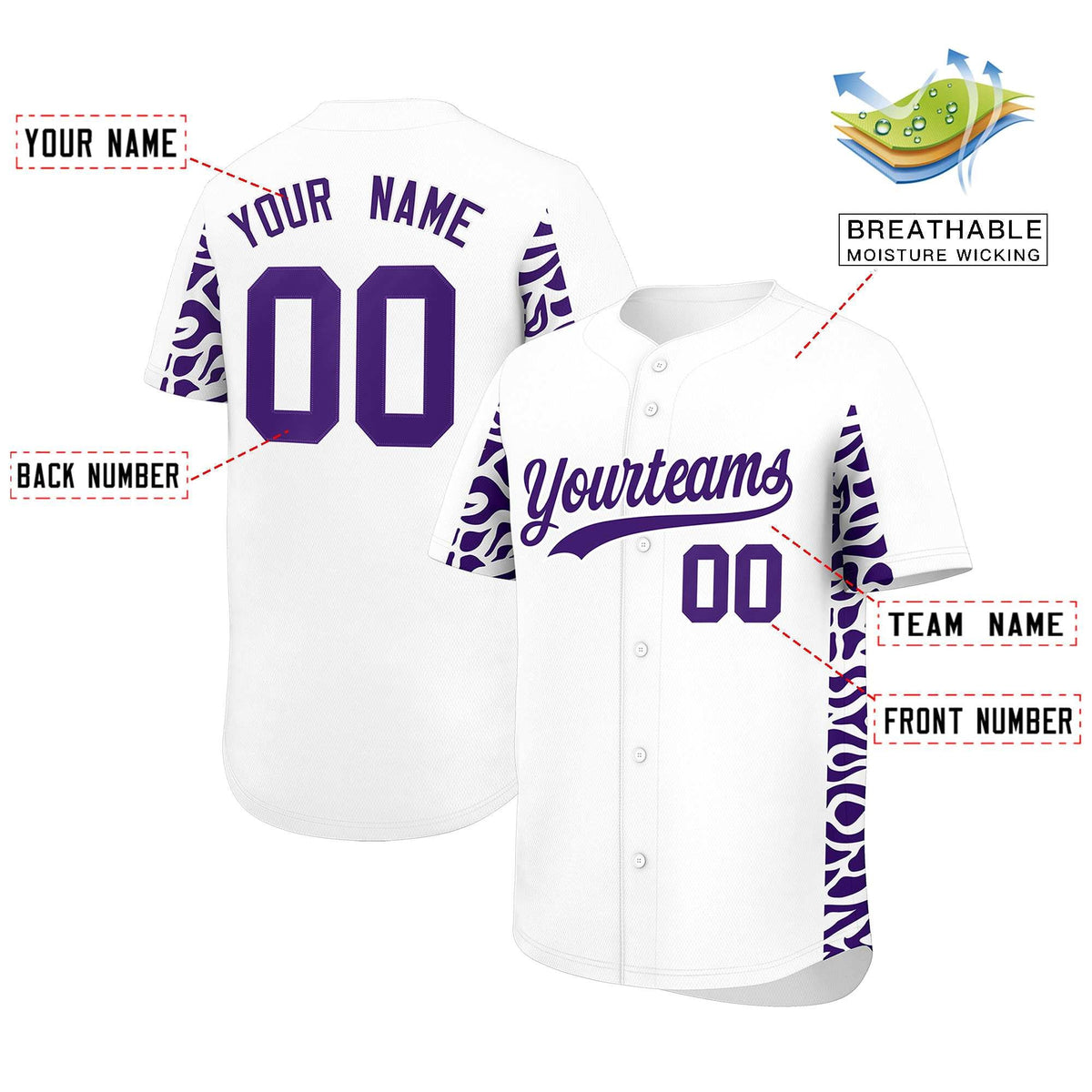 Custom White Purple Personalized Leopard Graffiti Pattern Side Design Authentic Baseball Jersey