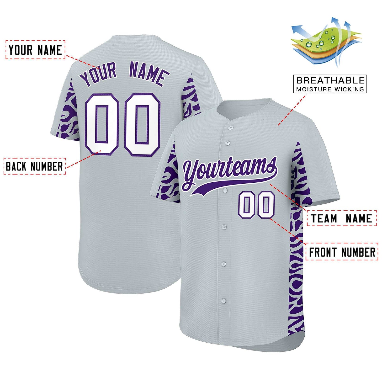 Custom Silver Purple Personalized Leopard Graffiti Pattern Side Design Authentic Baseball Jersey