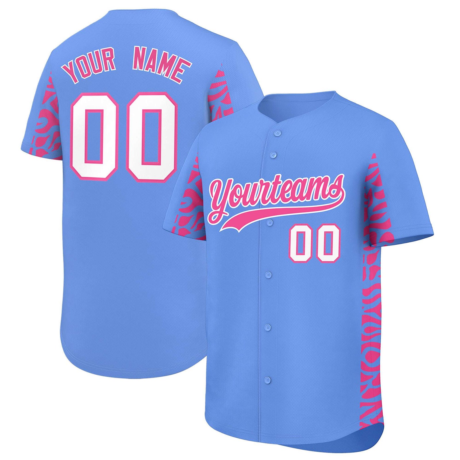 Custom Powder Blue Pink Personalized Leopard Graffiti Pattern Side Design Authentic Baseball Jersey