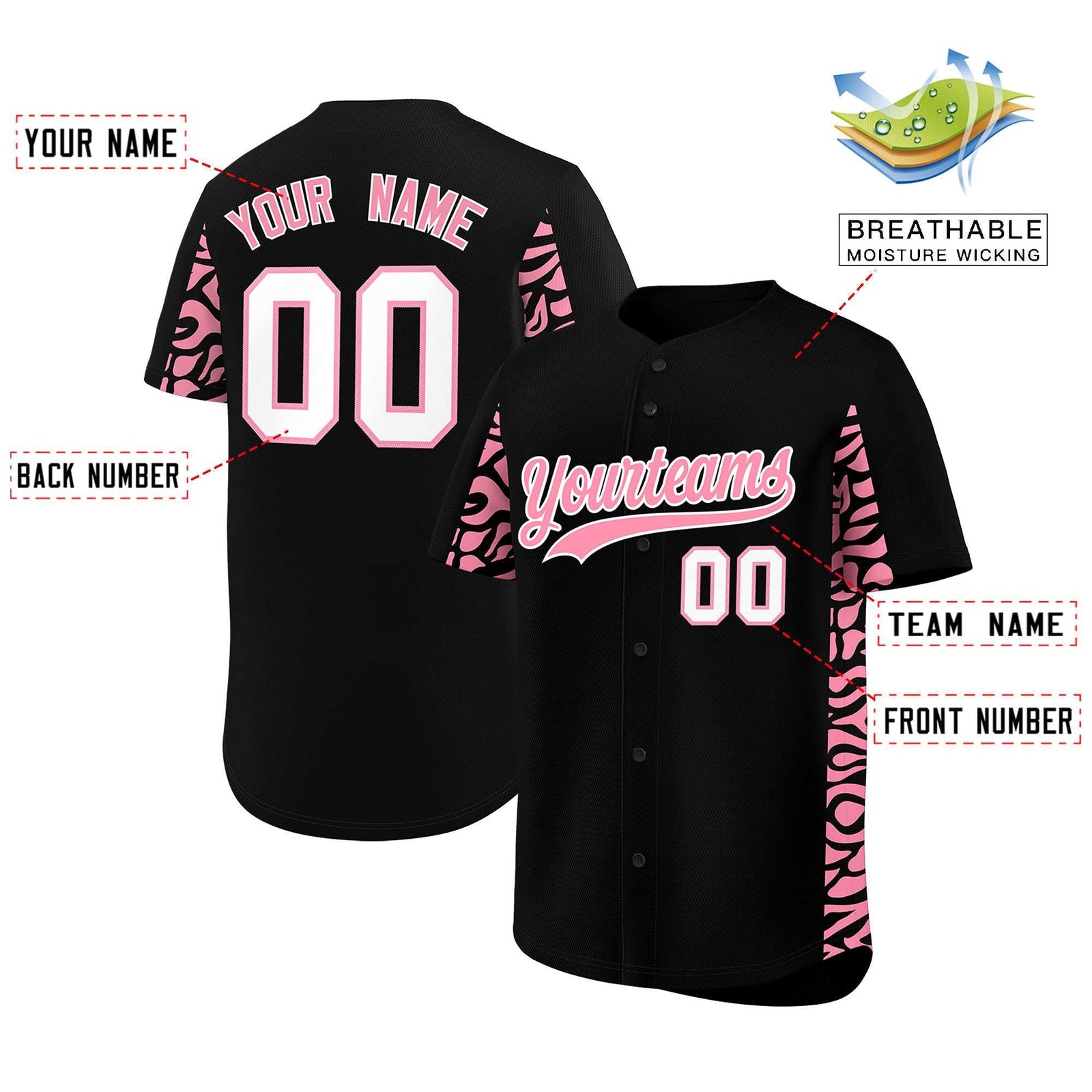 Custom Black Light Pink Personalized Leopard Graffiti Pattern Side Design Authentic Baseball Jersey