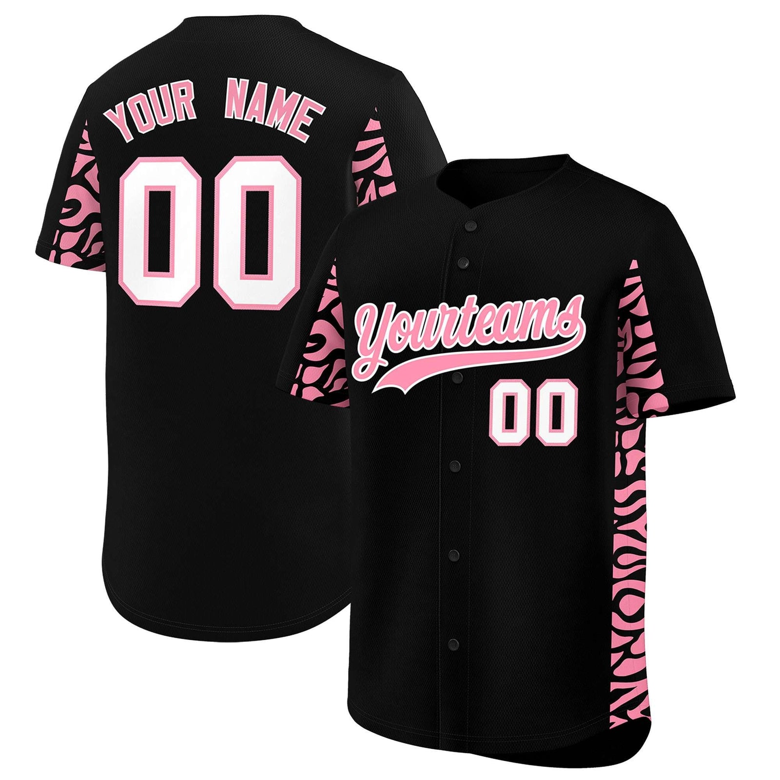 Custom Black Light Pink Personalized Leopard Graffiti Pattern Side Design Authentic Baseball Jersey