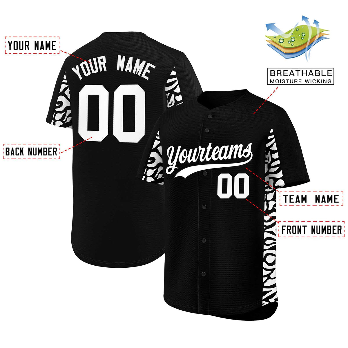 Custom Black White Personalized Leopard Graffiti Pattern Side Design Authentic Baseball Jersey