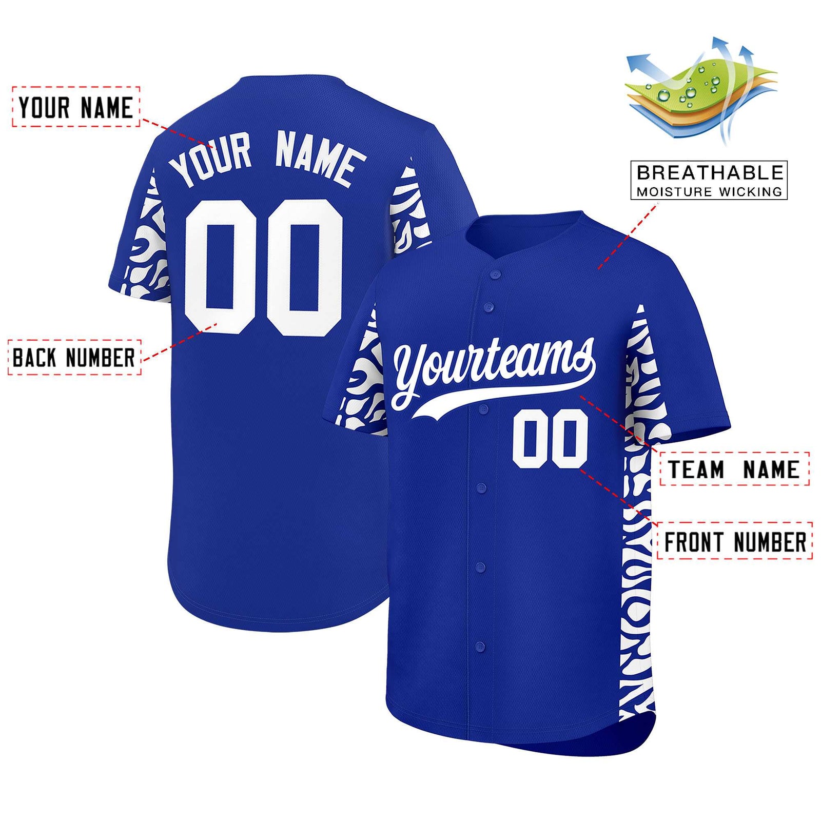 Custom Royal White Personalized Leopard Graffiti Pattern Side Design Authentic Baseball Jersey