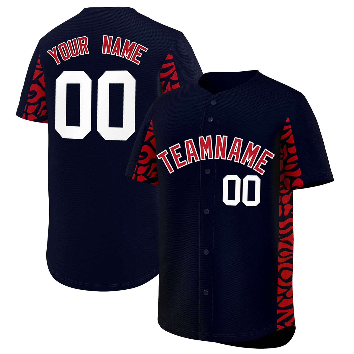 Custom Navy Red Personalized Leopard Graffiti Pattern Side Design Authentic Baseball Jersey