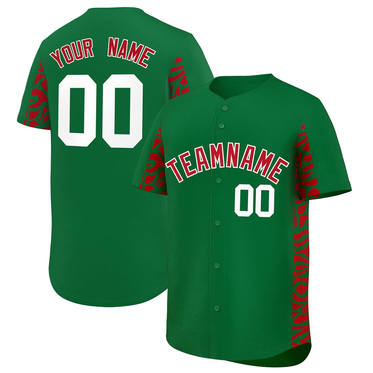 Custom Kelly Green Red Personalized Leopard Graffiti Pattern Side Design Authentic Baseball Jersey