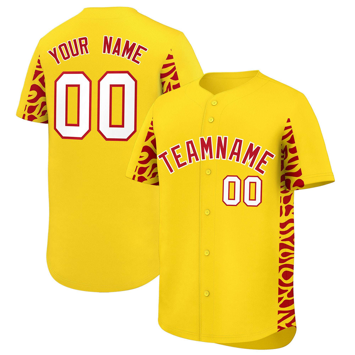 Custom Gold Red Personalized Leopard Graffiti Pattern Side Design Authentic Baseball Jersey