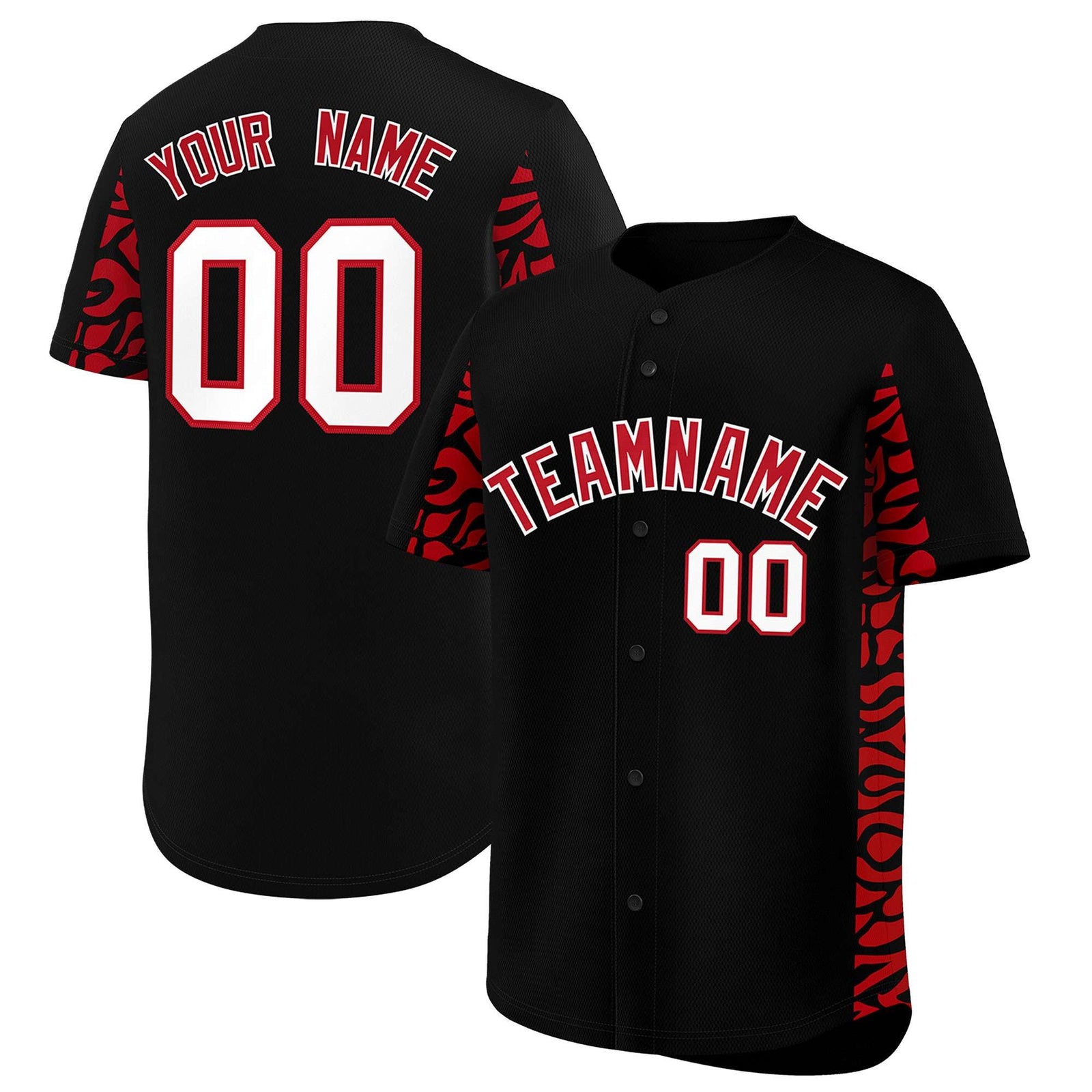 Custom Black Red Personalized Leopard Graffiti Pattern Side Design Authentic Baseball Jersey