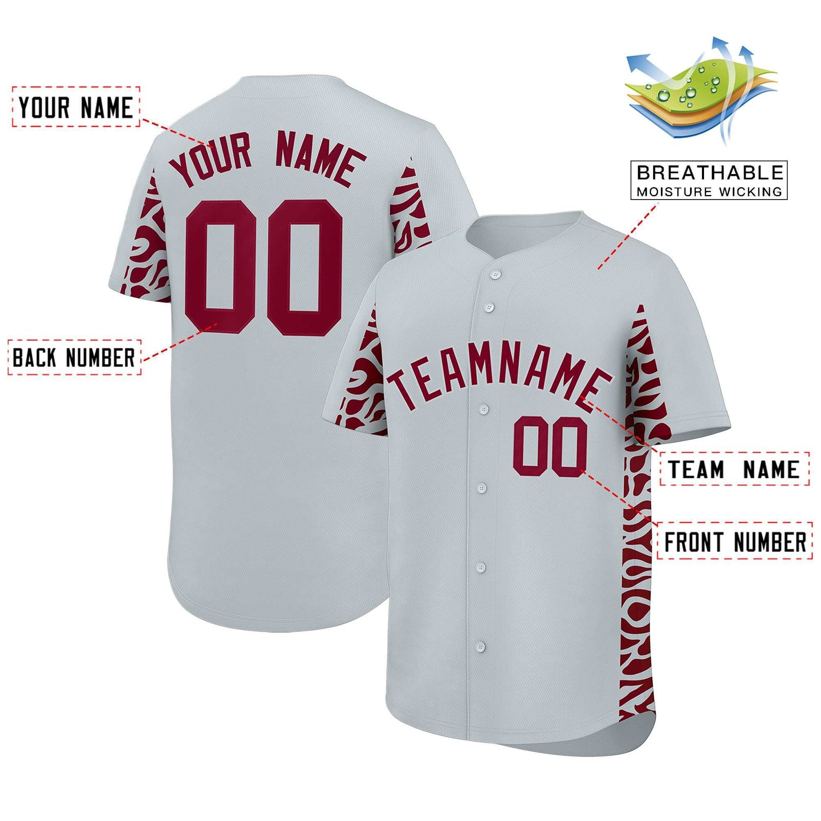 Custom Silver Crimson Personalized Leopard Graffiti Pattern Side Design Authentic Baseball Jersey