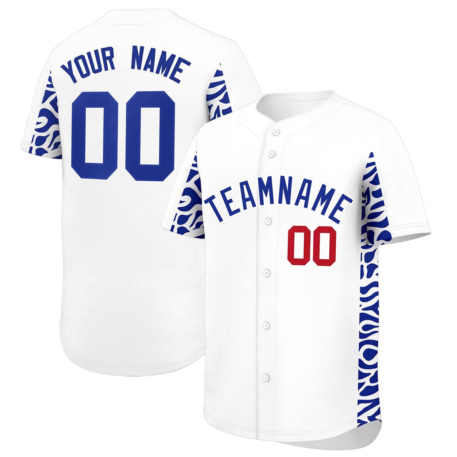 Custom White Royal Personalized Leopard Graffiti Pattern Side Design Authentic Baseball Jersey