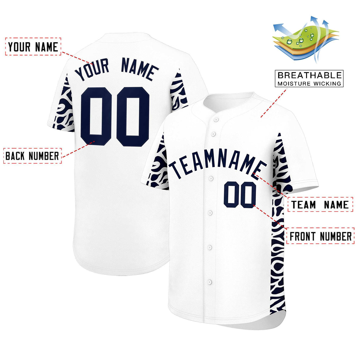 Custom White Navy Personalized Leopard Graffiti Pattern Side Design Authentic Baseball Jersey