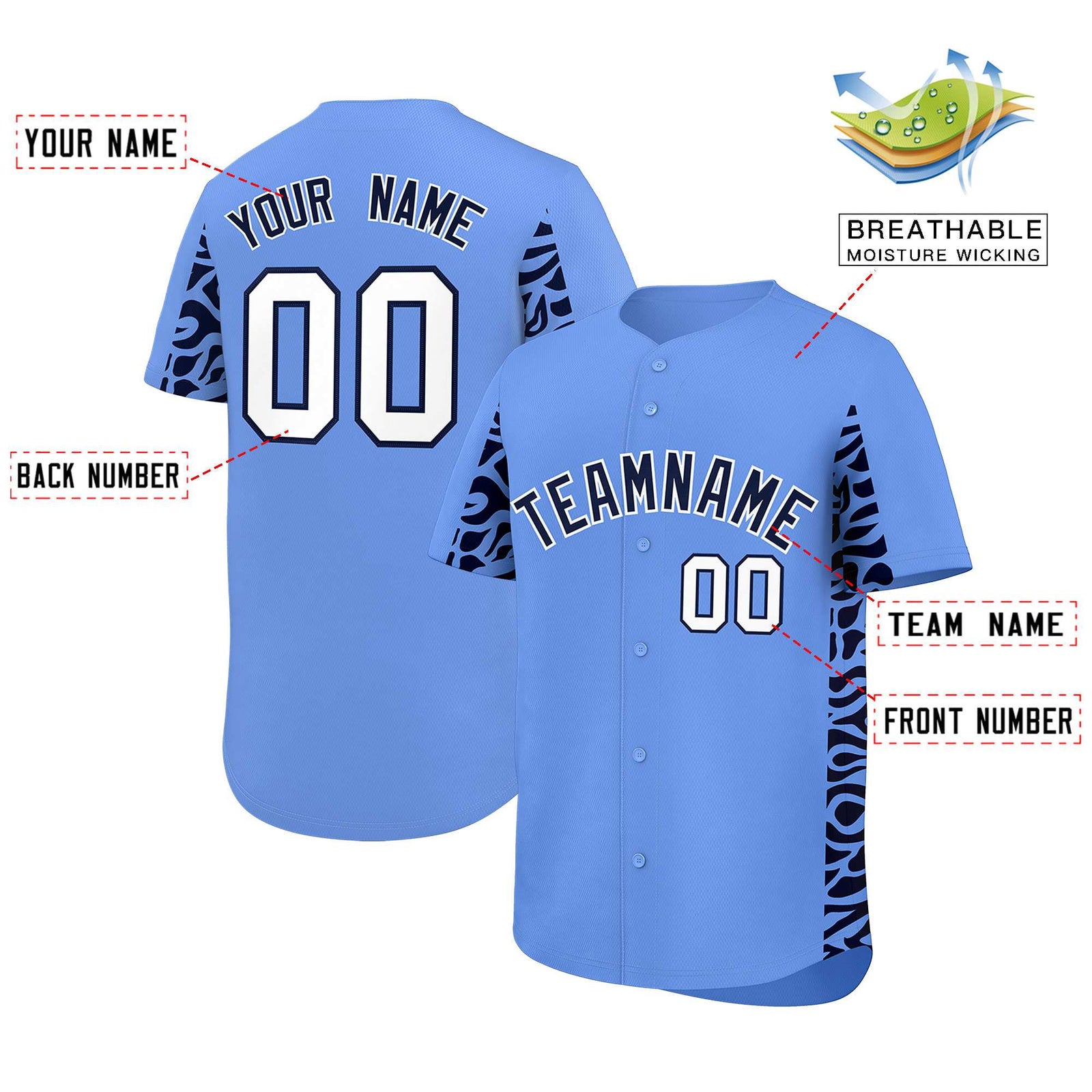 Custom Powder Blue Navy Personalized Leopard Graffiti Pattern Side Design Authentic Baseball Jersey