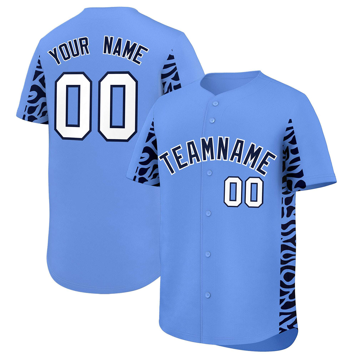 Custom Powder Blue Navy Personalized Leopard Graffiti Pattern Side Design Authentic Baseball Jersey