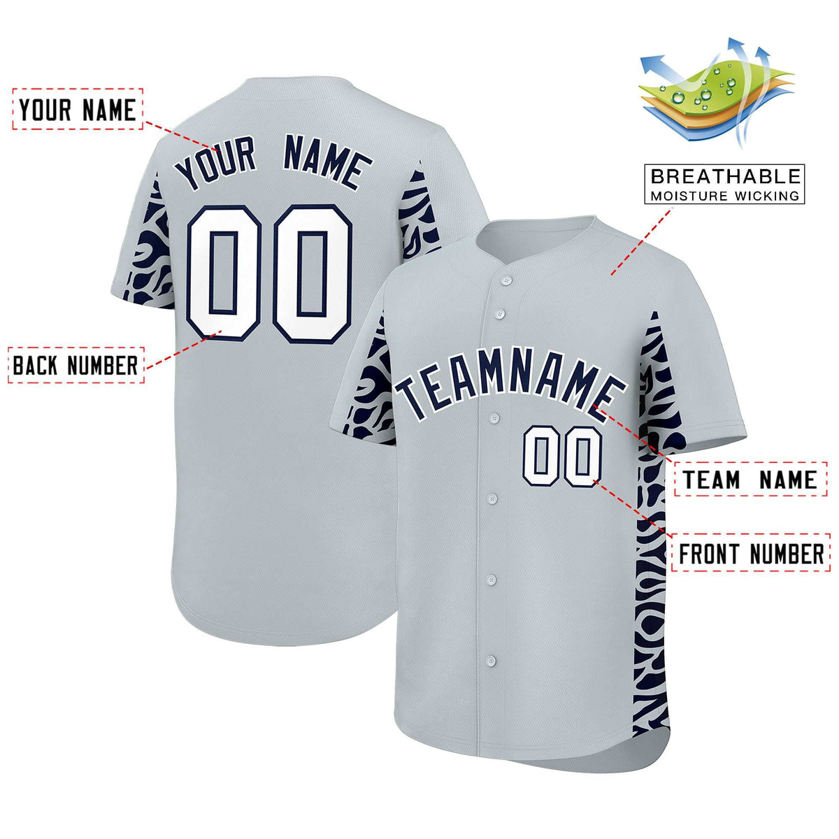 Custom Silver Navy Personalized Leopard Graffiti Pattern Side Design Authentic Baseball Jersey