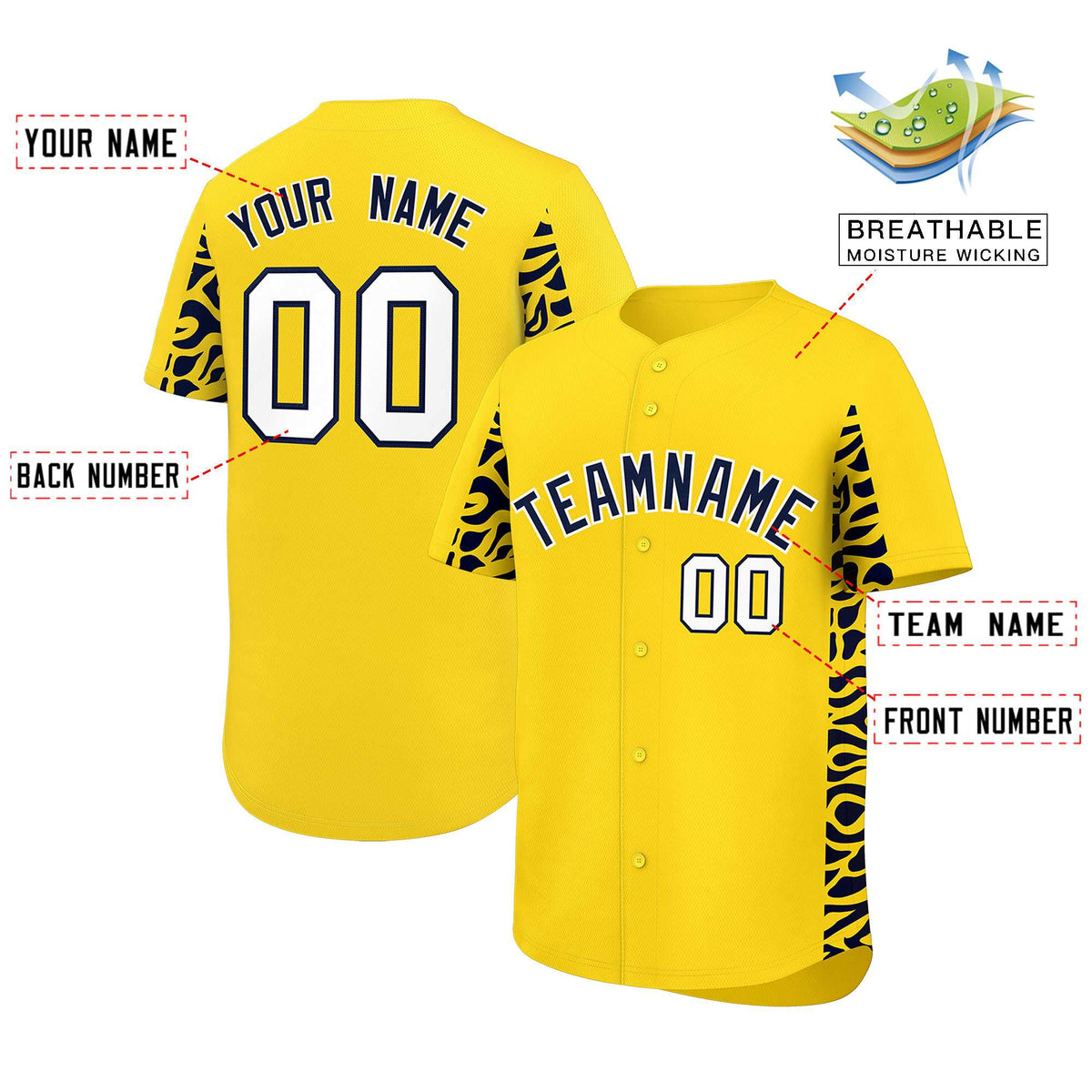 Custom Gold Navy Personalized Leopard Graffiti Pattern Side Design Authentic Baseball Jersey