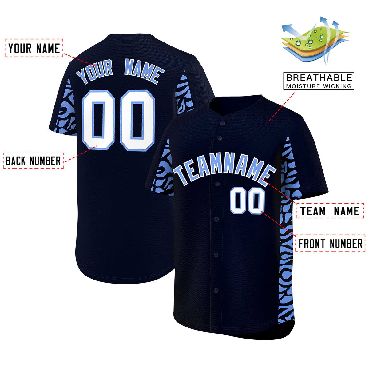 Custom Navy Powder Blue Personalized Leopard Graffiti Pattern Side Design Authentic Baseball Jersey