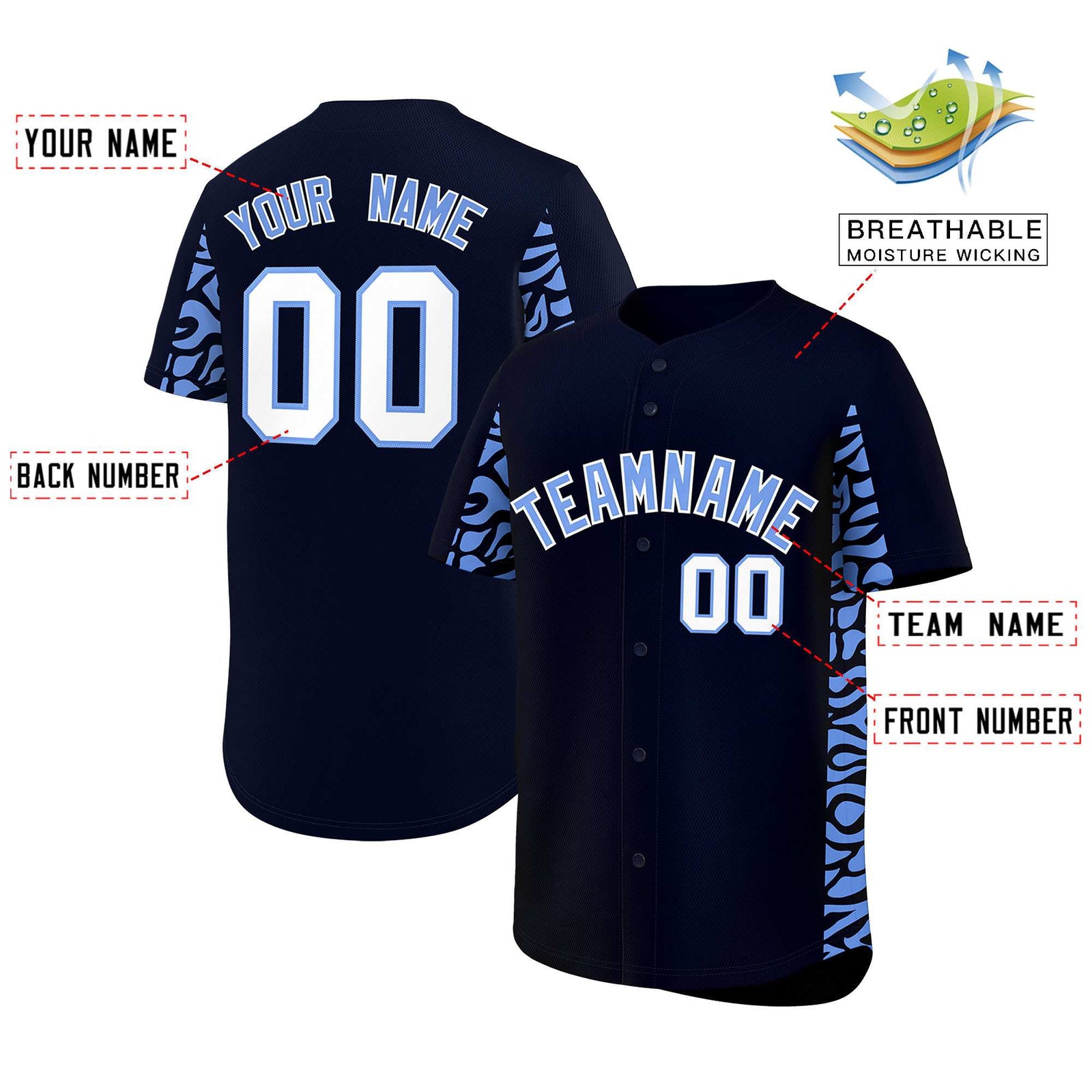 Custom Navy Powder Blue Personalized Leopard Graffiti Pattern Side Design Authentic Baseball Jersey