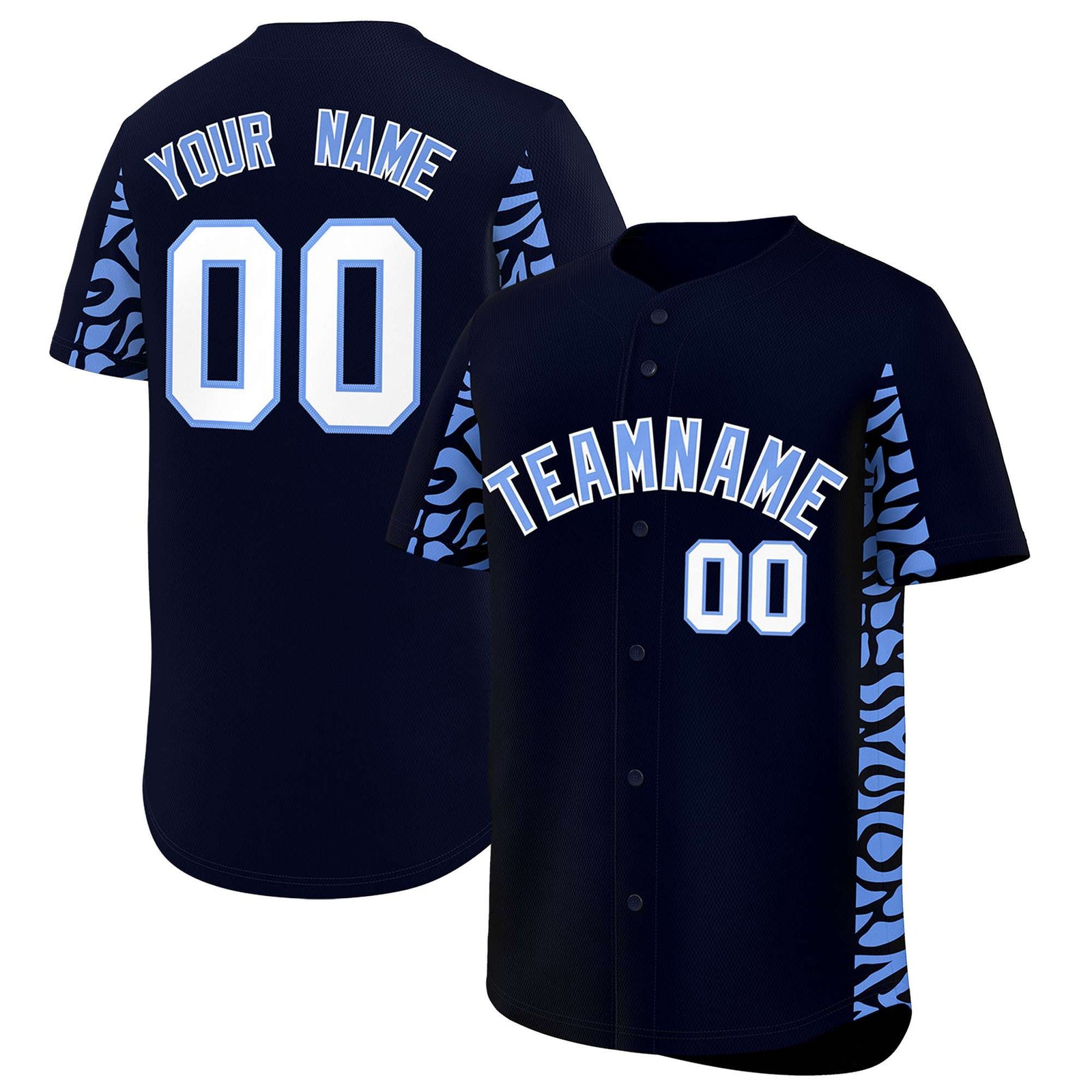 Custom Navy Powder Blue Personalized Leopard Graffiti Pattern Side Design Authentic Baseball Jersey