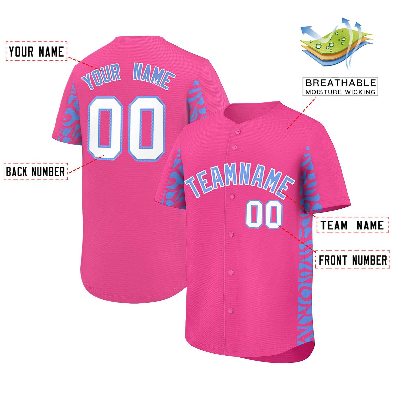 Custom Pink Powder Blue Personalized Leopard Graffiti Pattern Side Design Authentic Baseball Jersey