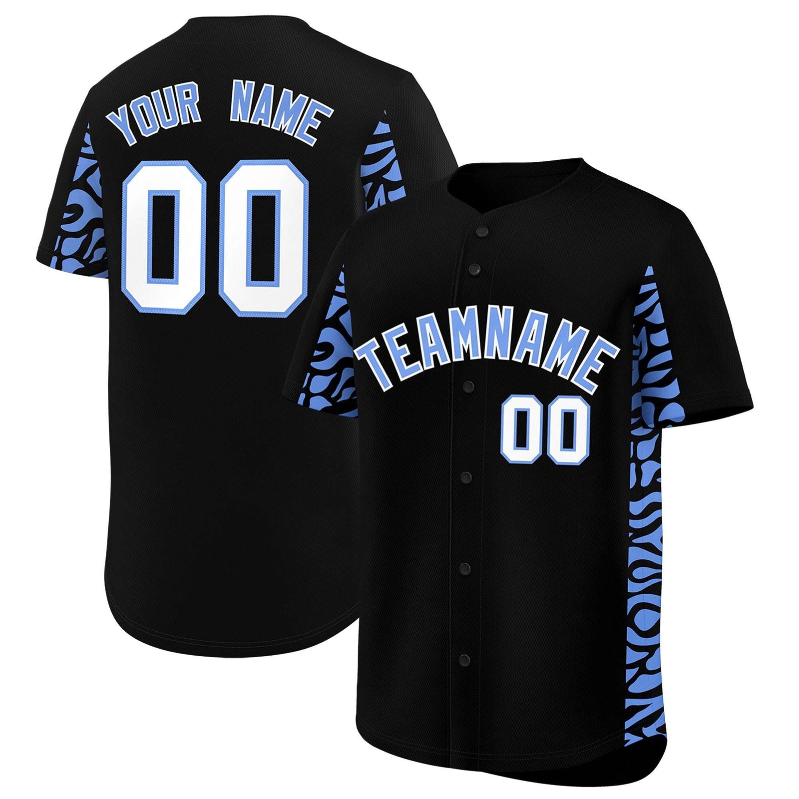 Custom Black Powder Blue Personalized Leopard Graffiti Pattern Side Design Authentic Baseball Jersey