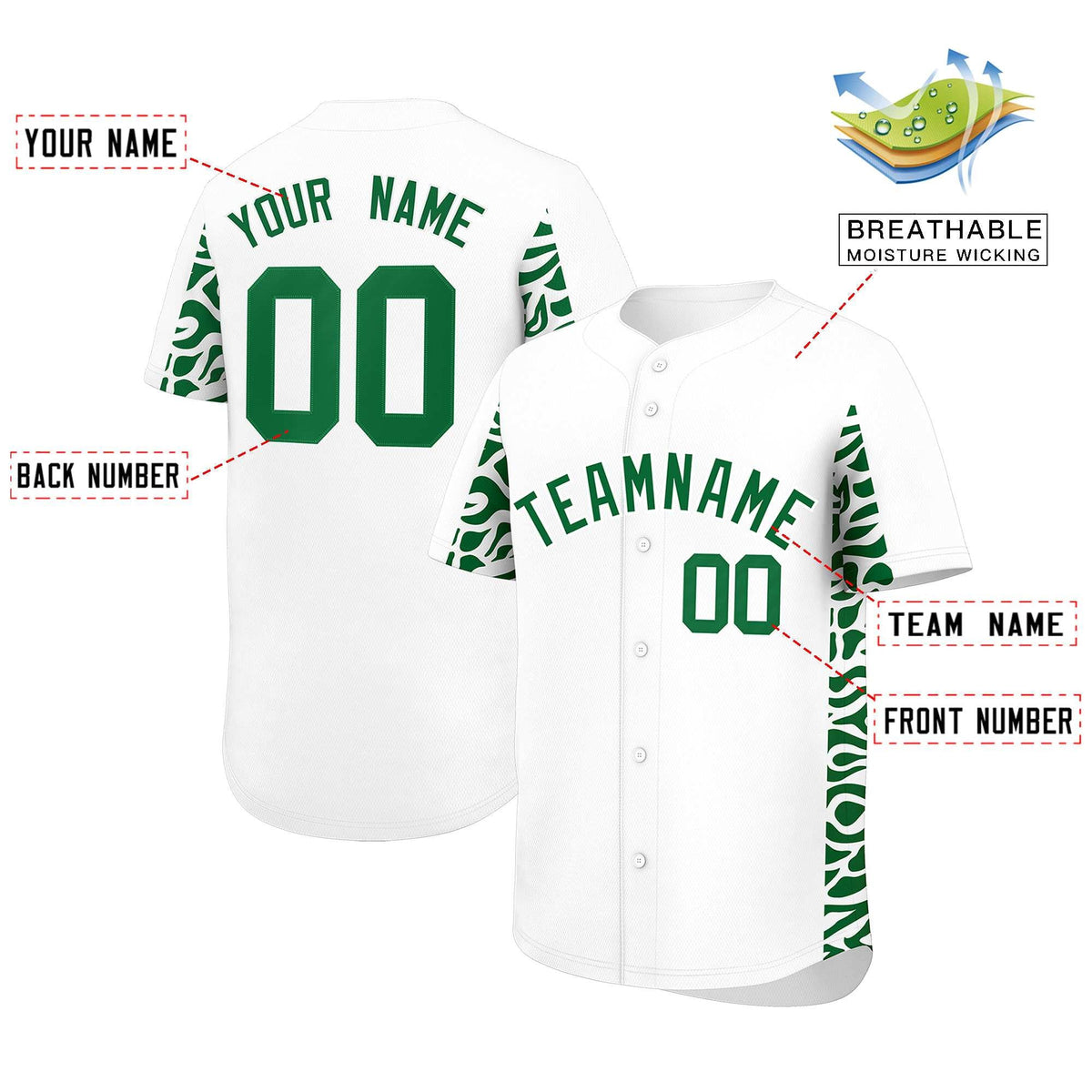 Custom White Kelly Green Personalized Leopard Graffiti Pattern Side Design Authentic Baseball Jersey