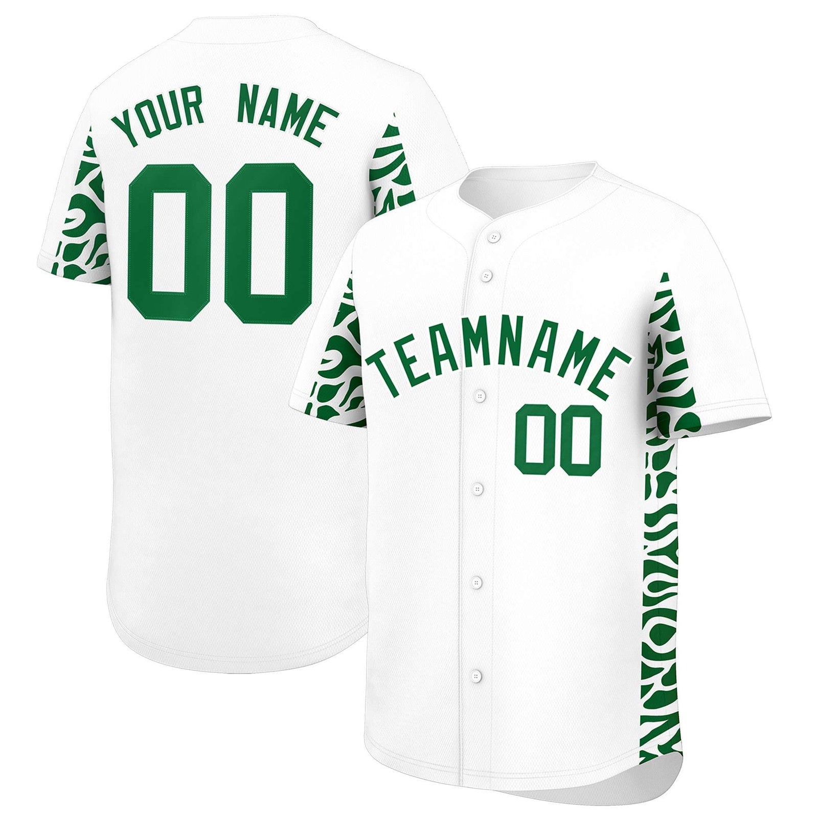 Custom White Kelly Green Personalized Leopard Graffiti Pattern Side Design Authentic Baseball Jersey