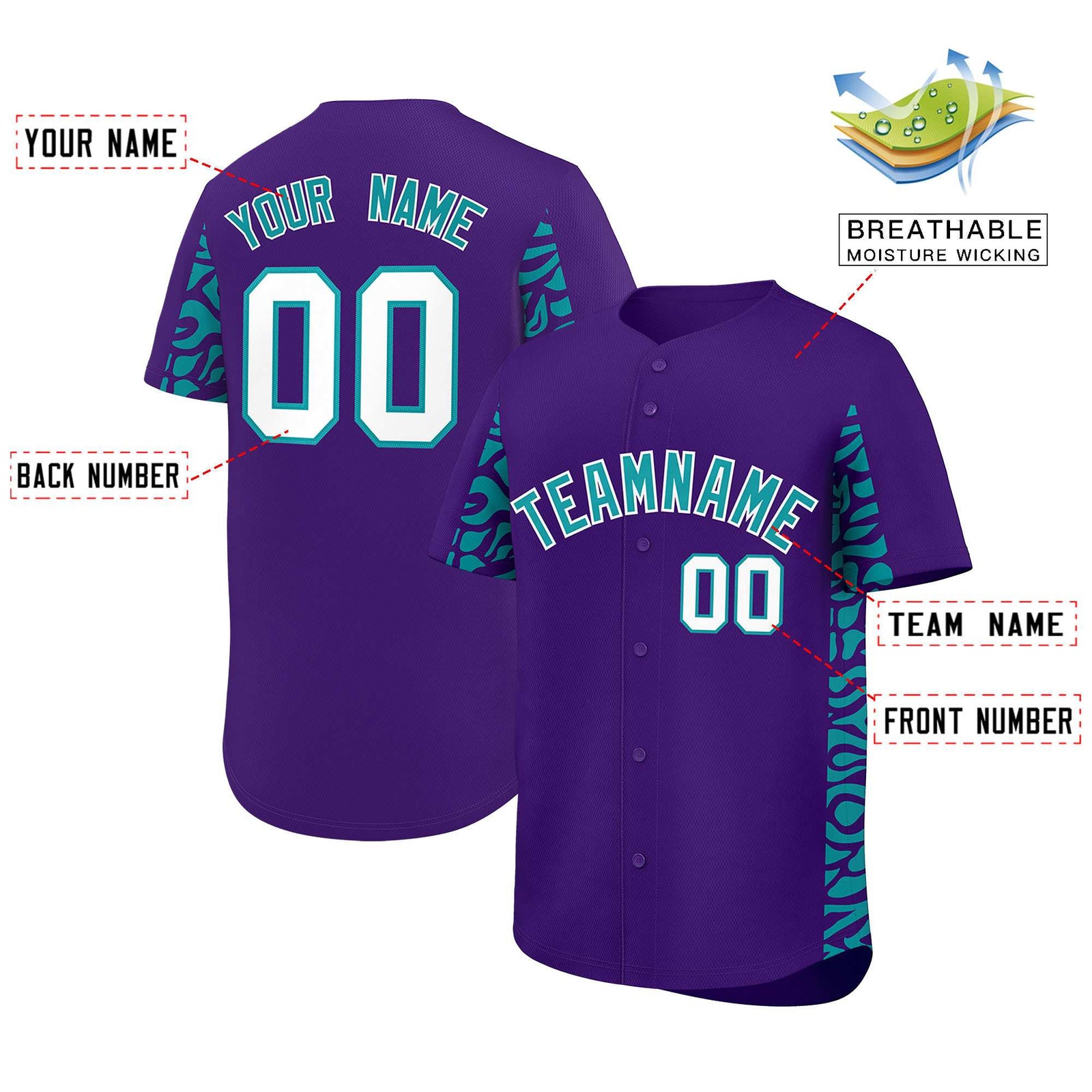 Custom Purple Aqua Personalized Leopard Graffiti Pattern Side Design Authentic Baseball Jersey