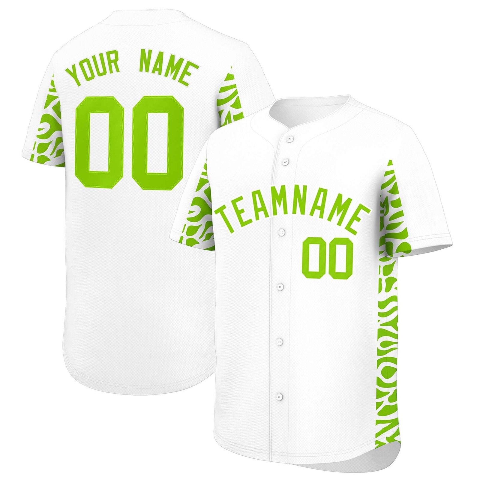 Custom White Neon Green Personalized Leopard Graffiti Pattern Side Design Authentic Baseball Jersey