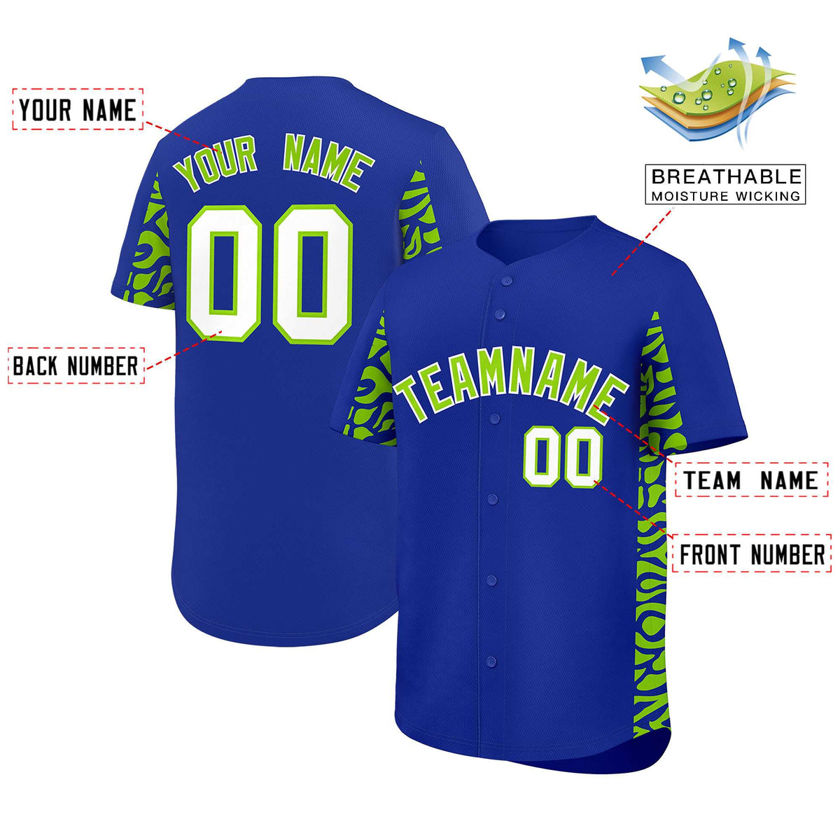Custom Royal Neon Green Personalized Leopard Graffiti Pattern Side Design Authentic Baseball Jersey