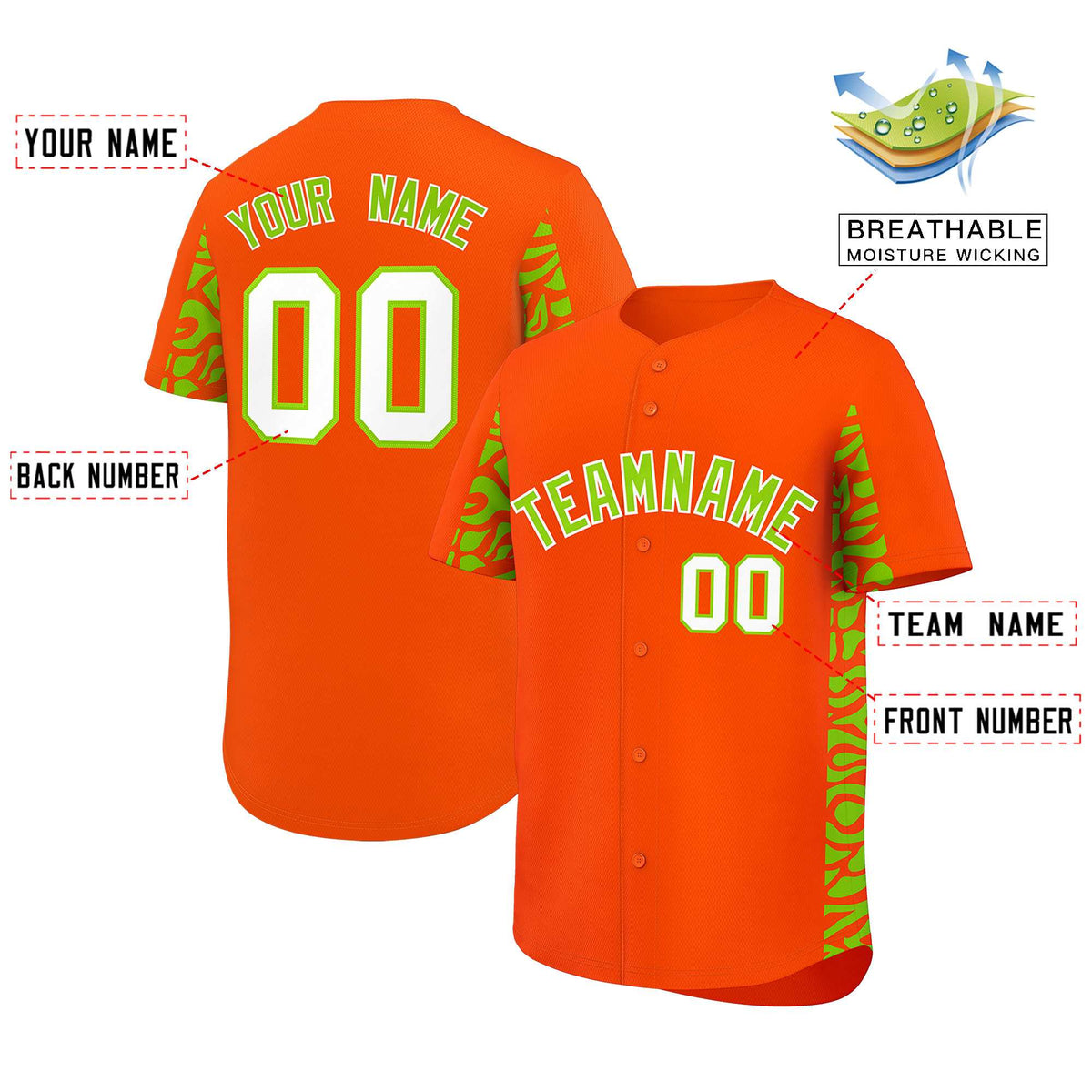 Custom Orange Neon Green Personalized Leopard Graffiti Pattern Side Design Authentic Baseball Jersey