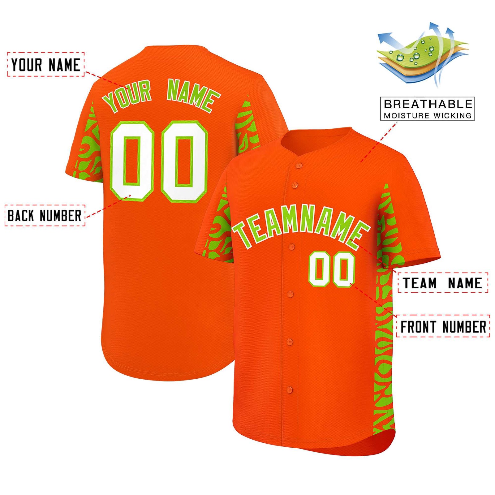 Custom Orange Neon Green Personalized Leopard Graffiti Pattern Side Design Authentic Baseball Jersey