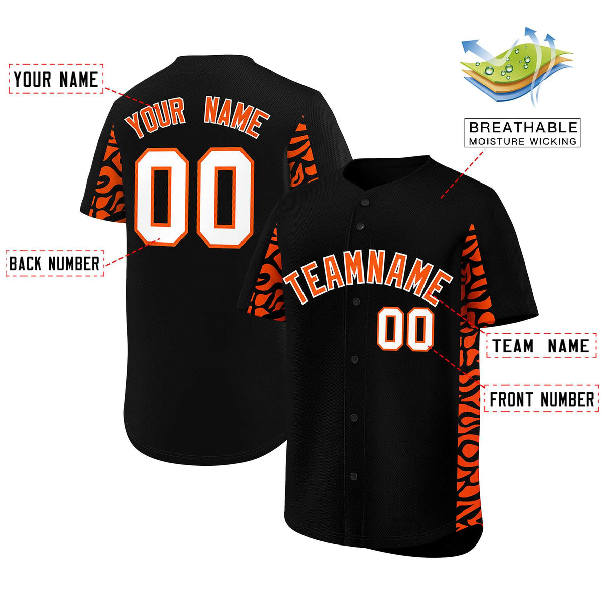 Custom Black Orange Personalized Leopard Graffiti Pattern Side Design Authentic Baseball Jersey