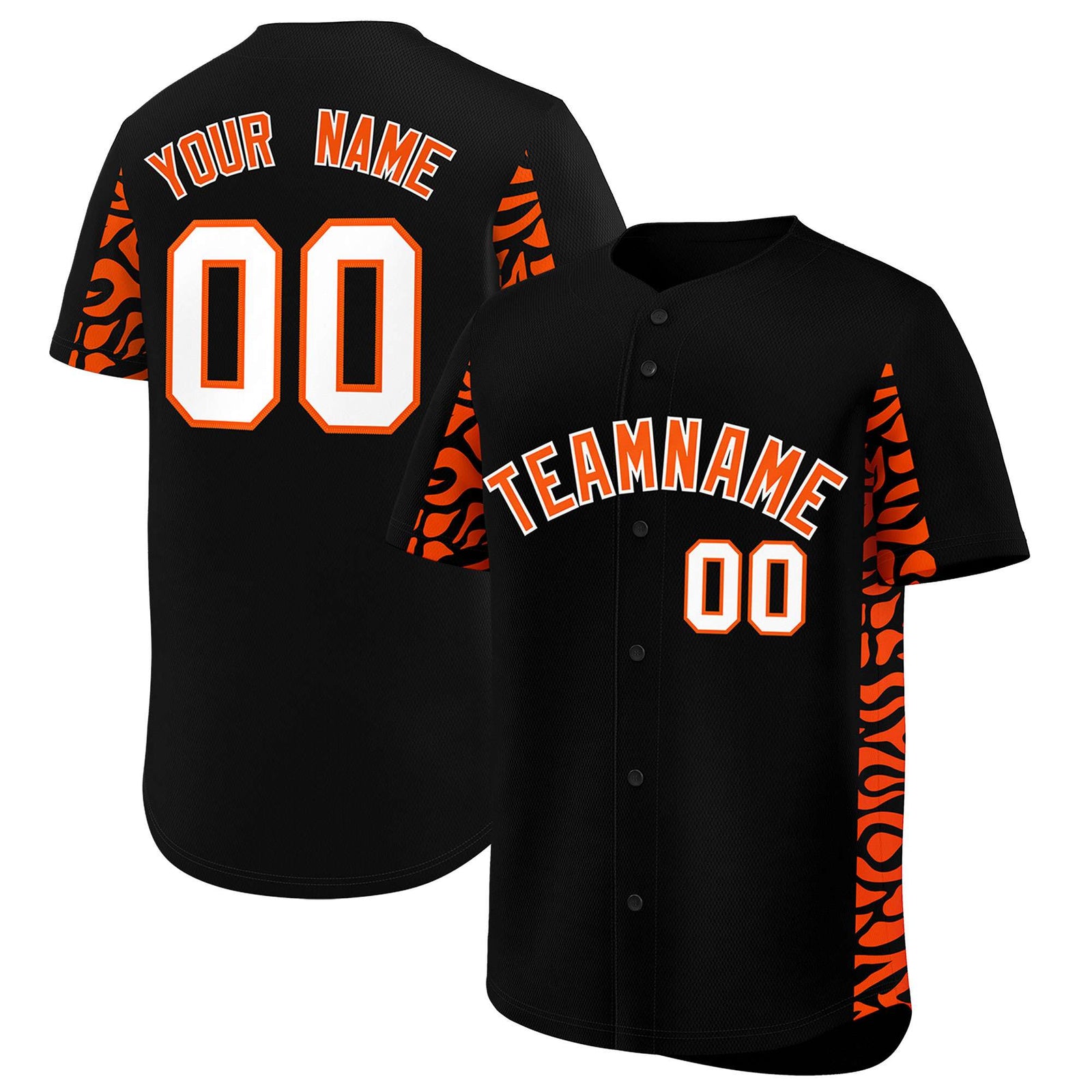 Custom Black Orange Personalized Leopard Graffiti Pattern Side Design Authentic Baseball Jersey