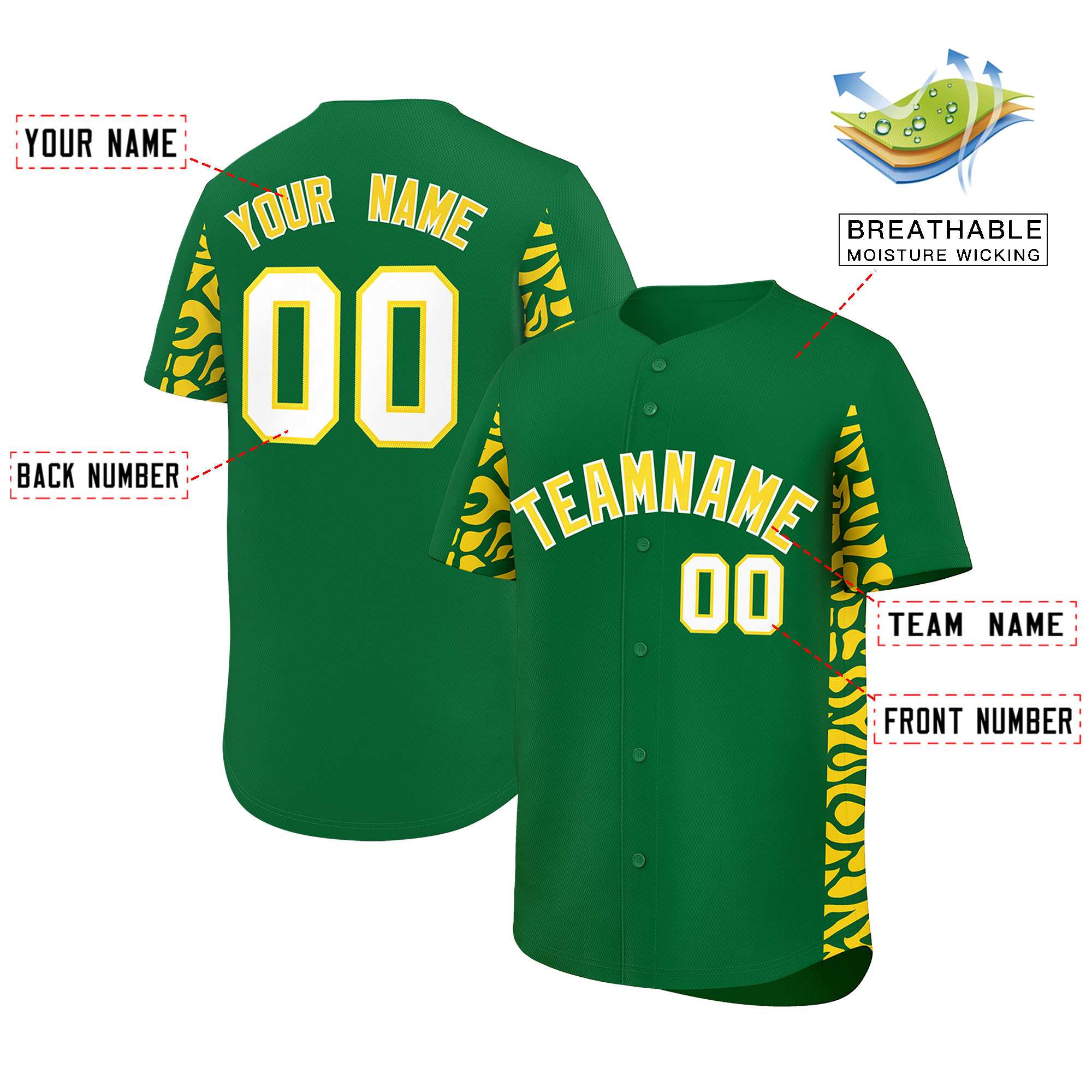 Custom Kelly Green Gold Personalized Leopard Graffiti Pattern Side Design Authentic Baseball Jersey