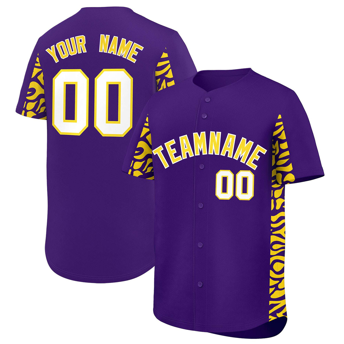 Custom Purple Gold Personalized Leopard Graffiti Pattern Side Design Authentic Baseball Jersey