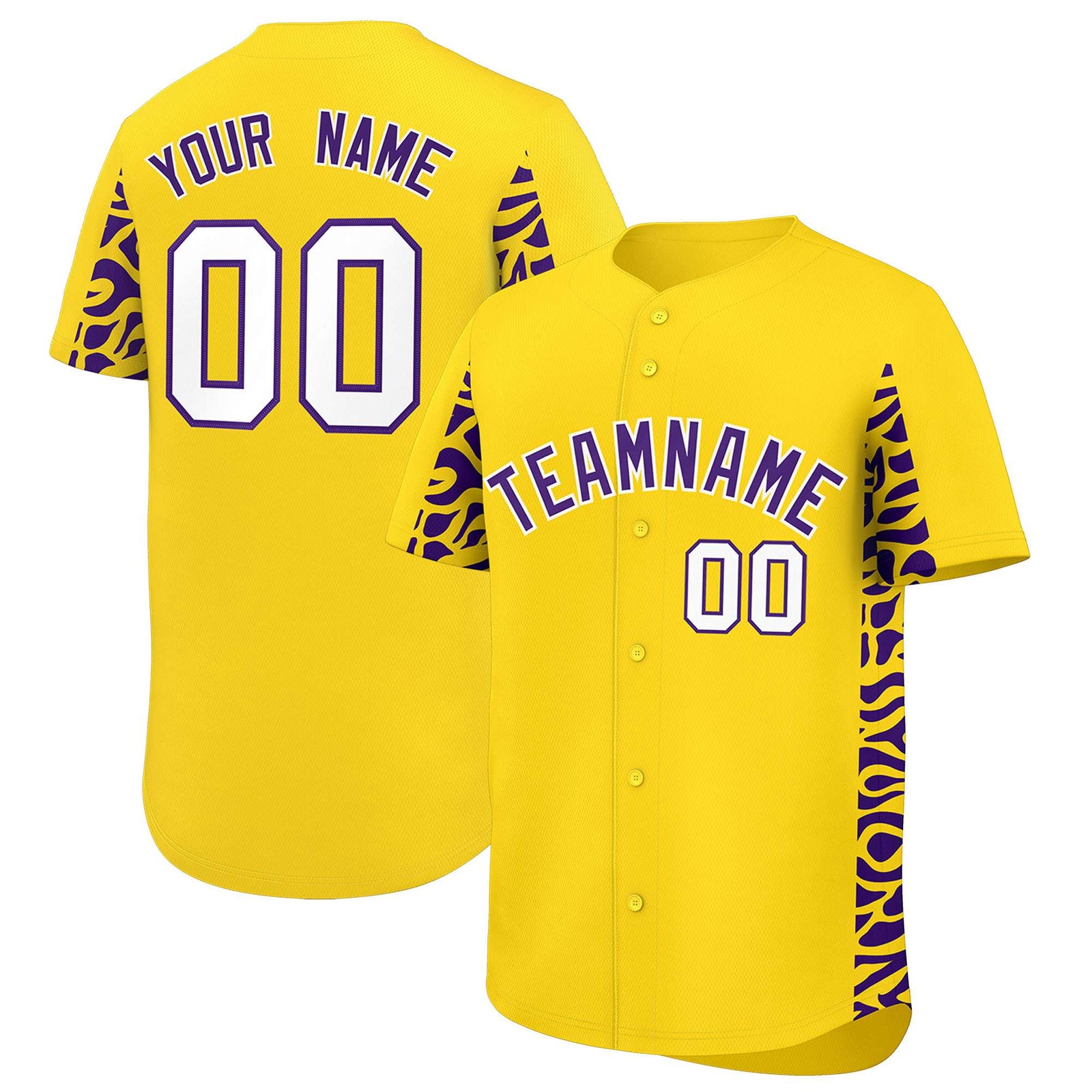 Custom Gold Purple Personalized Leopard Graffiti Pattern Side Design Authentic Baseball Jersey
