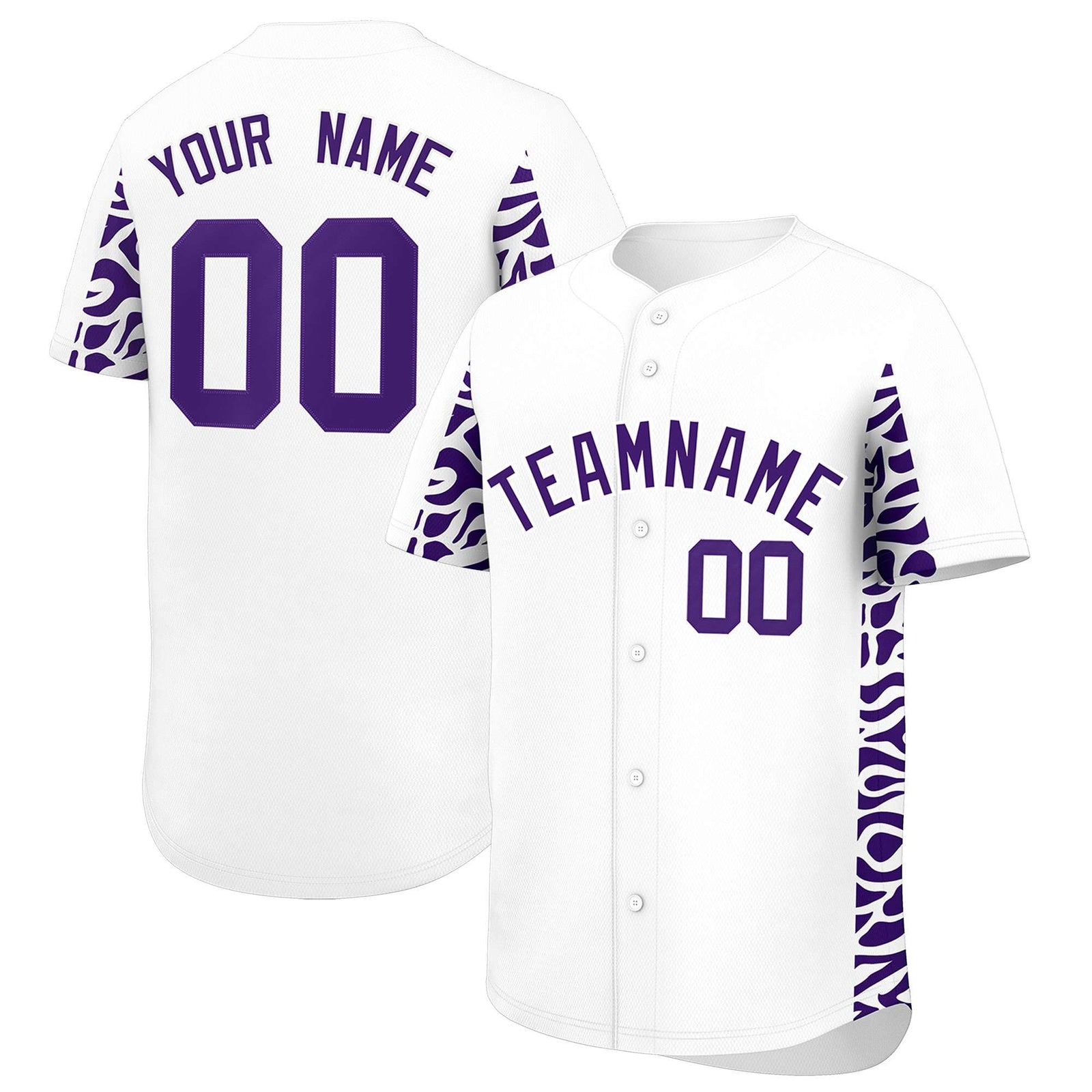 Custom White Purple Personalized Leopard Graffiti Pattern Side Design Authentic Baseball Jersey