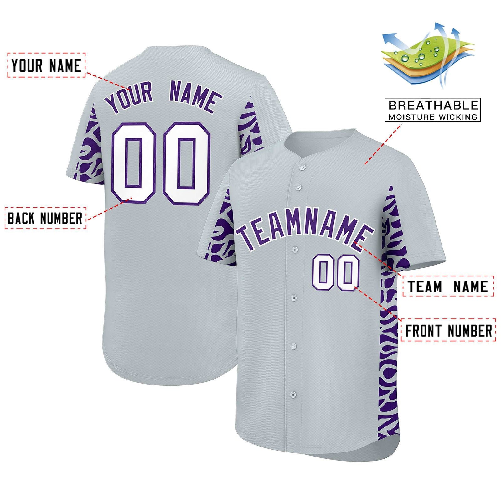 Custom Silver Purple Personalized Leopard Graffiti Pattern Side Design Authentic Baseball Jersey