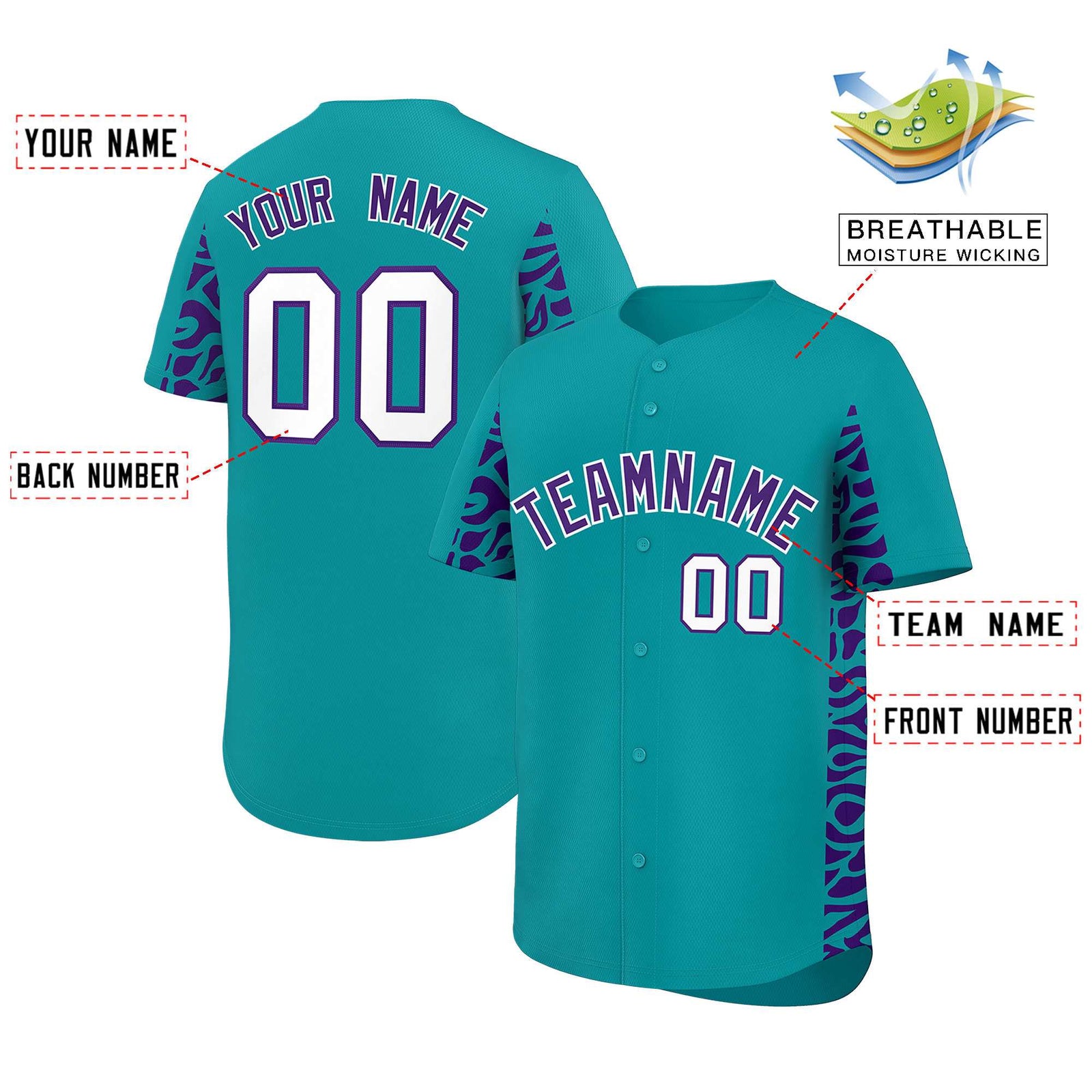 Custom Aqua Purple Personalized Leopard Graffiti Pattern Side Design Authentic Baseball Jersey